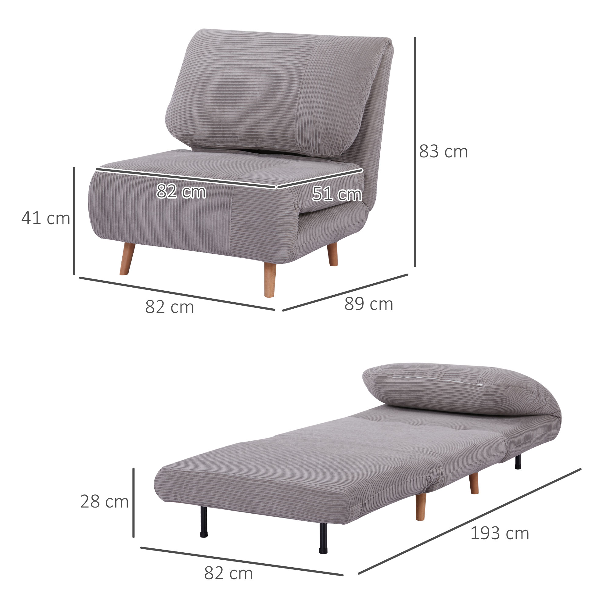 Divano letto in velluto a coste grigio. Mostra le dimensioni in configurazioni sedia e letto.