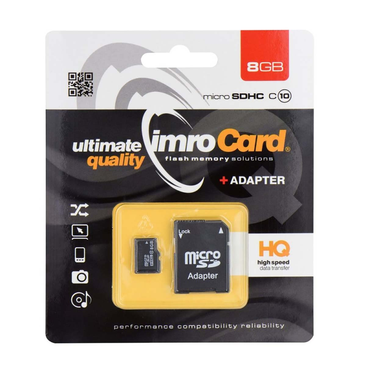 Confezione di schede Micro SD. La confezione è nera e gialla. Include scheda micro SD e adattatore.