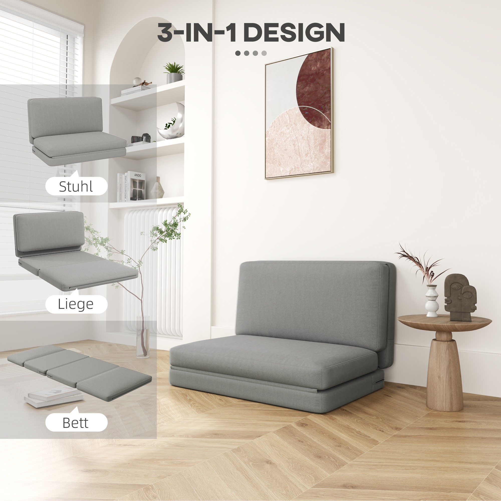 Ein wandelbarer grauer Sitz, der sich in ein Bett verwandelt.