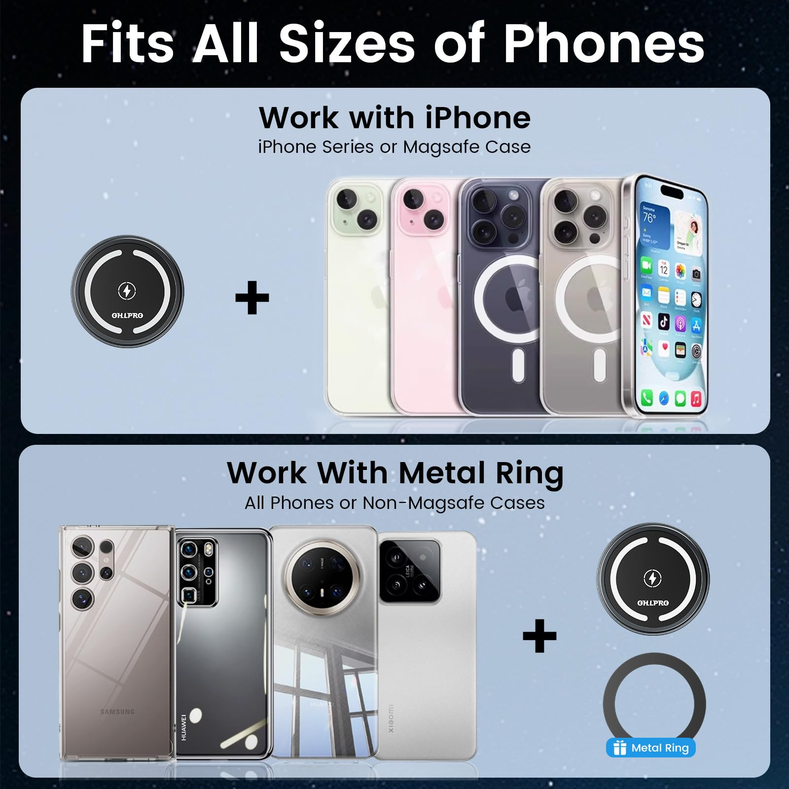 Das Bild zeigt Telefonhüllen und Ladegeräte. Telefone: iPhone, Samsung, Huawei, Xiaomi. Ladegeräte: rund, kabellos und Metallring.