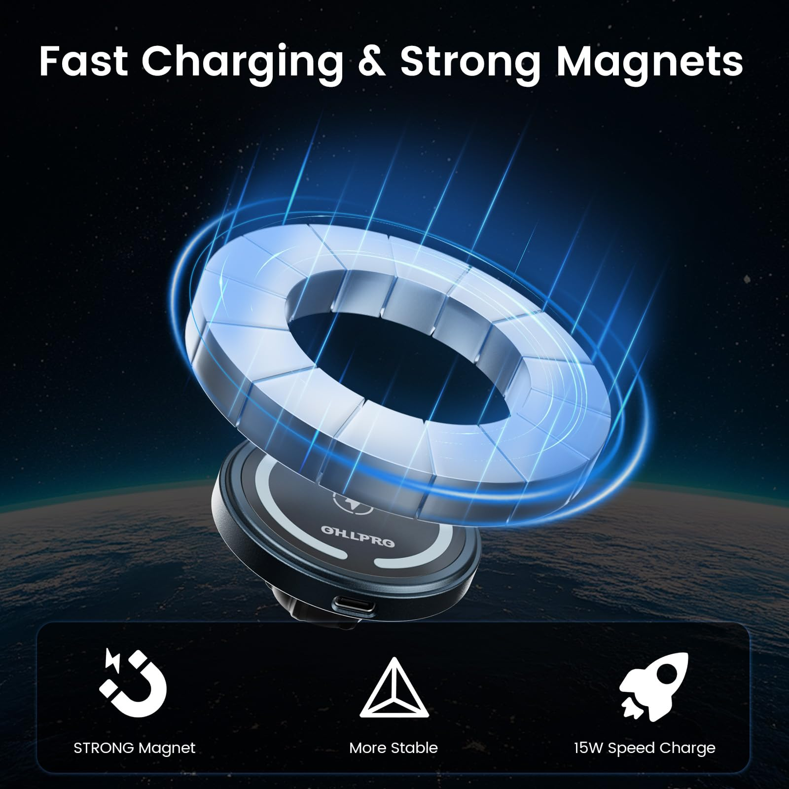 Kabelloses Ladegerät mit kreisförmigem Design. Blaue Energielinien. Das Ladegerät mit Markennamen und Icons für Funktionen.