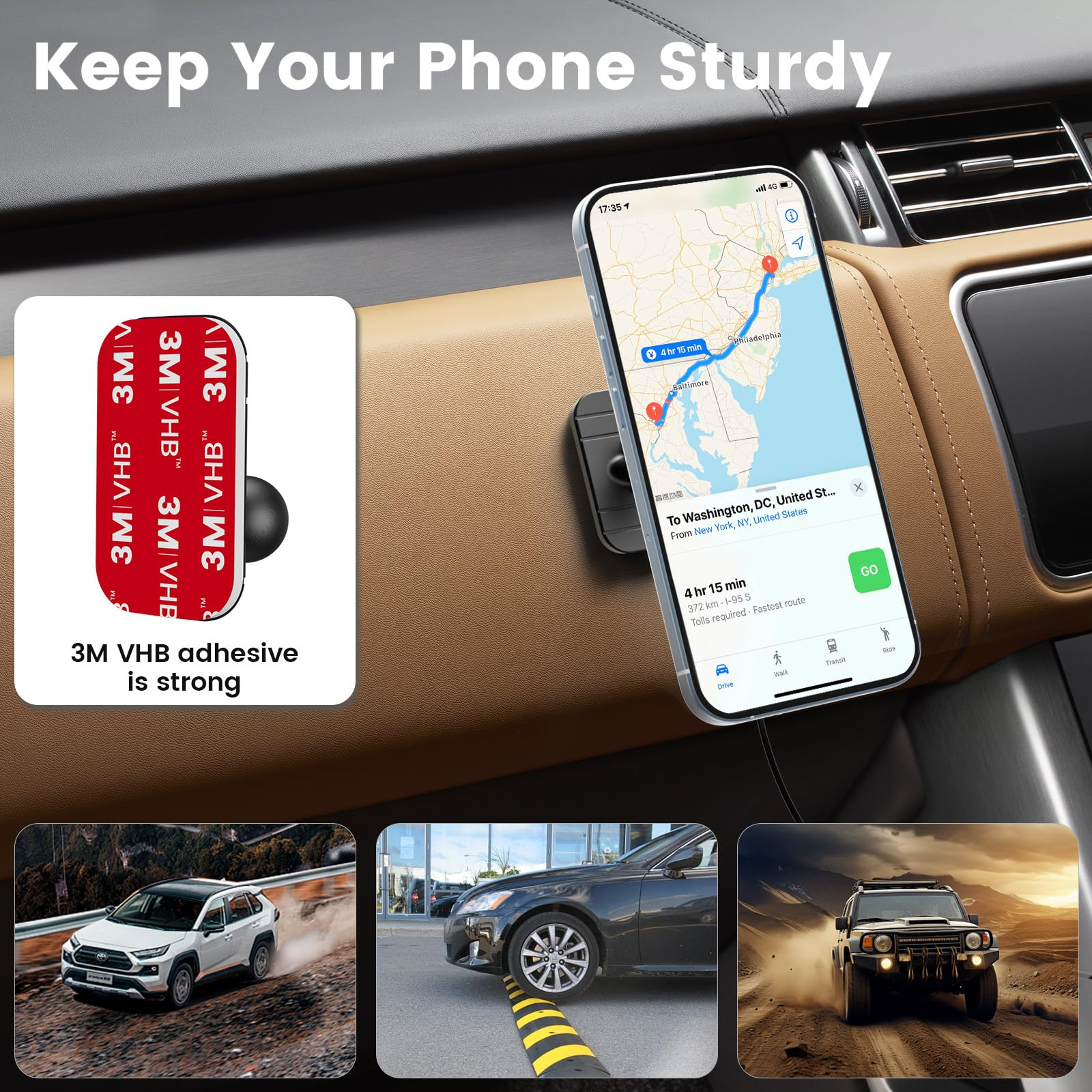 Telefonhalterung für das Auto mit einem Telefon. Auf dem Telefonbildschirm wird eine Karte angezeigt. Drei Fahrzeugbilder unten.