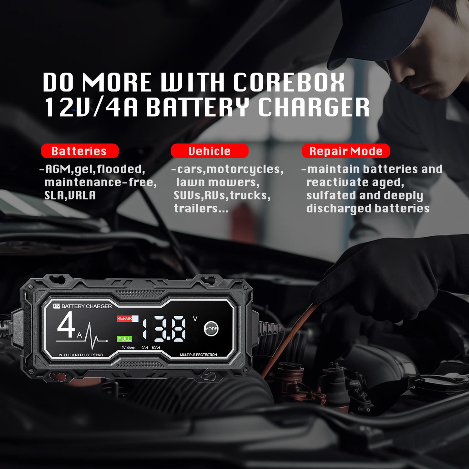 Schwarzes und graues Batterieladegerät mit Display. Text auf dem Bild beschreibt Batterietypen und Reparaturmodus.