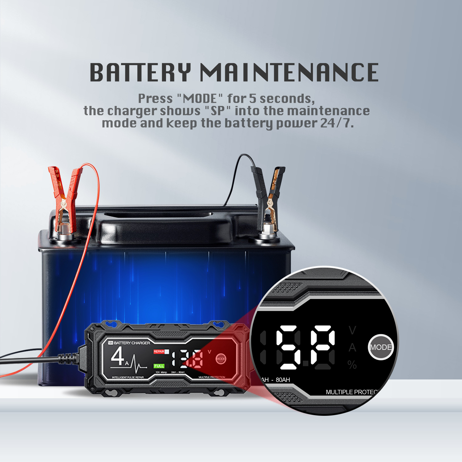 Eine Autobatterie wird mit einem digitalen Ladegerät geladen, das Spannung und Modus anzeigt.