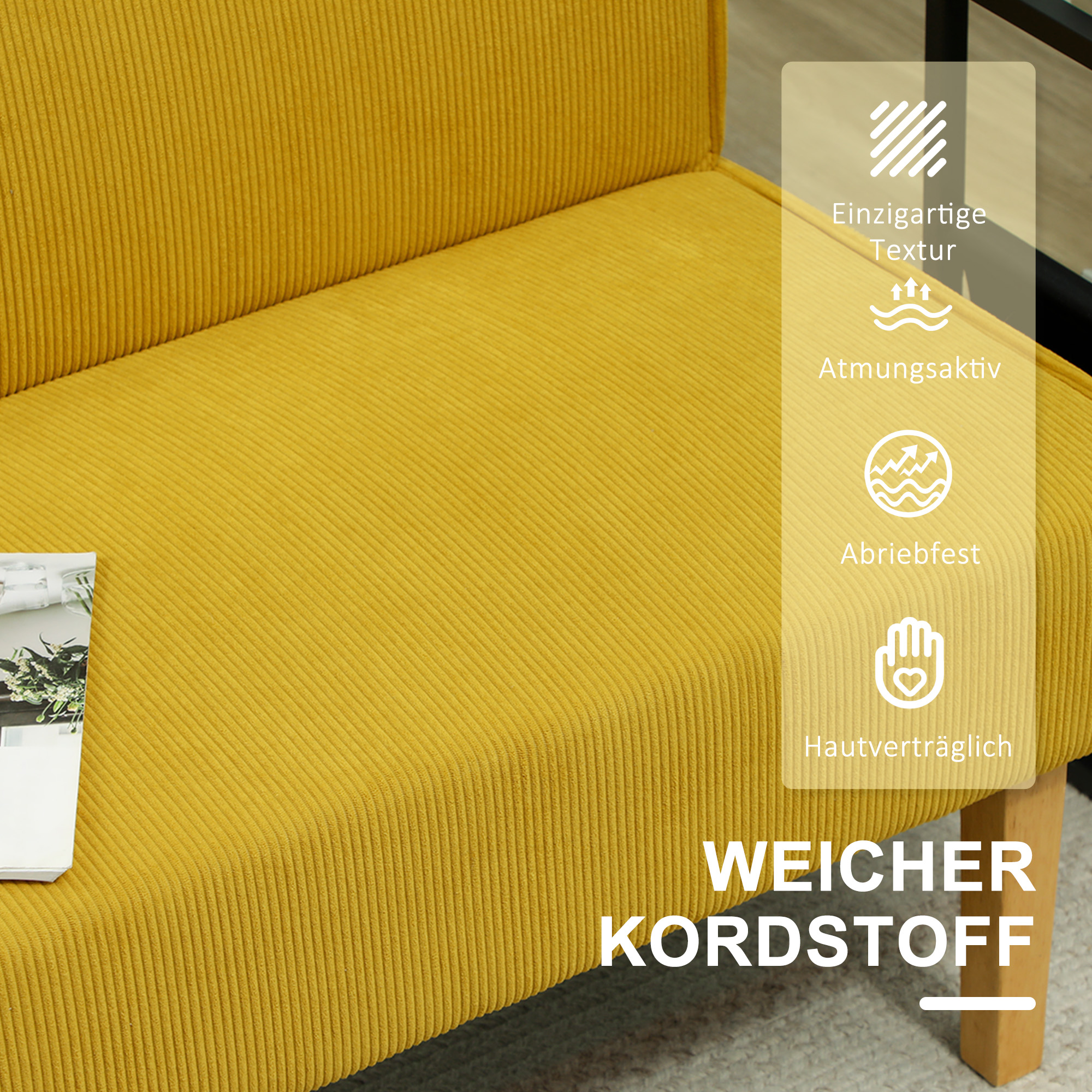 Ein gelbes Cordsofa, das die Textur und Eigenschaften des Materials zeigt.