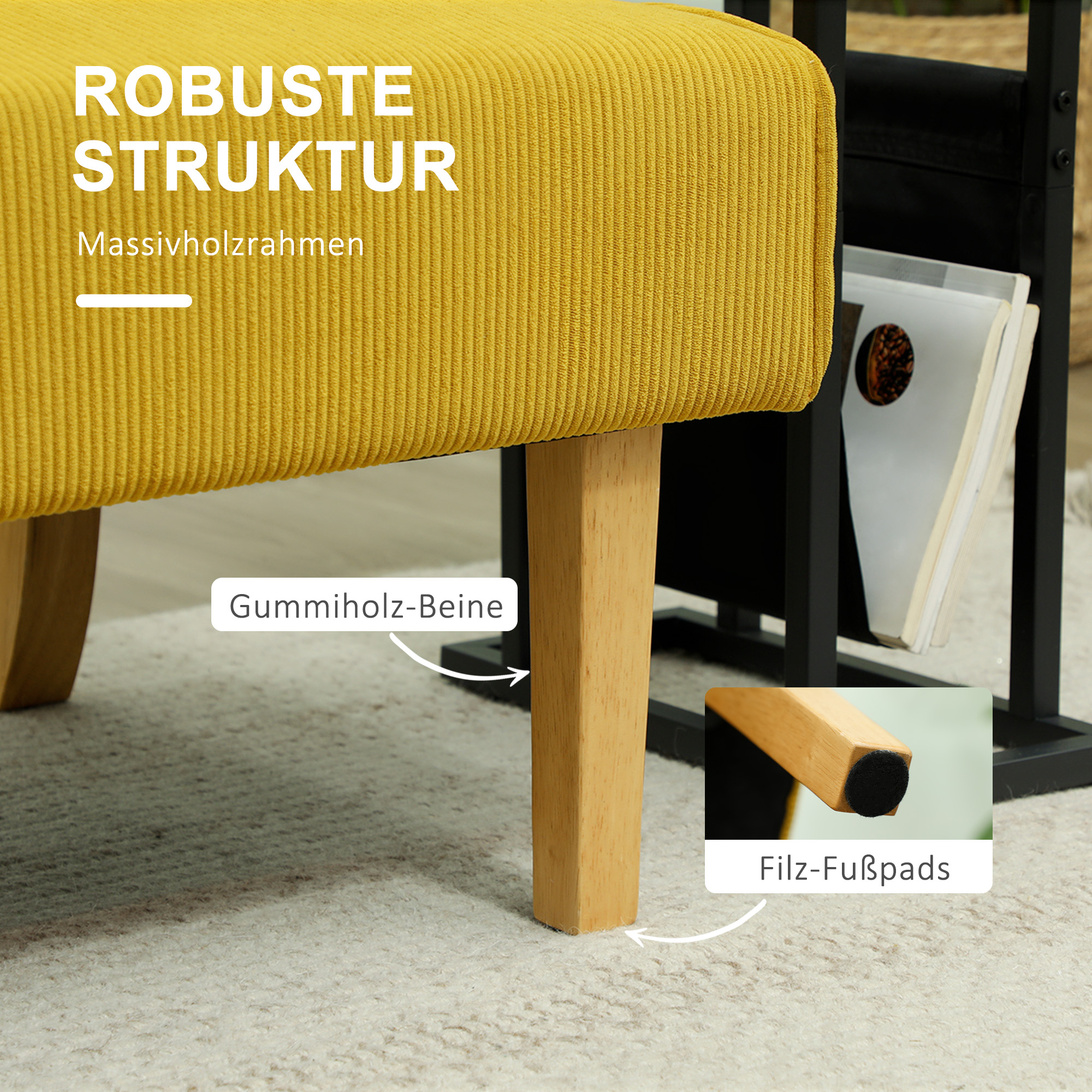 Gelbe Cord-Bank mit Holzbeinen und einem Zeitschriftenständer. Zeigt die Struktur.