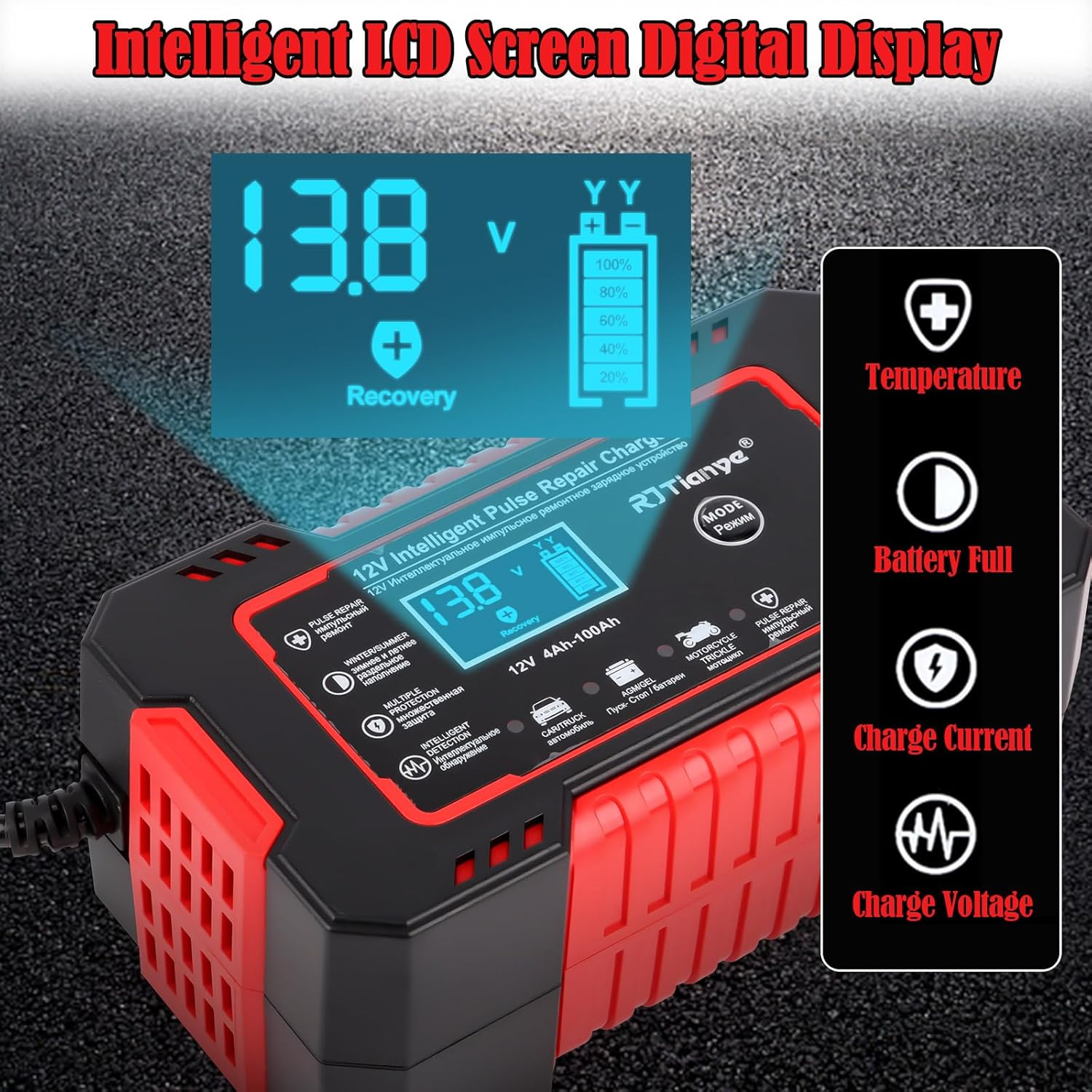 Das Ladegerät hat eine Digitalanzeige mit 13,8V und Batteriestand.