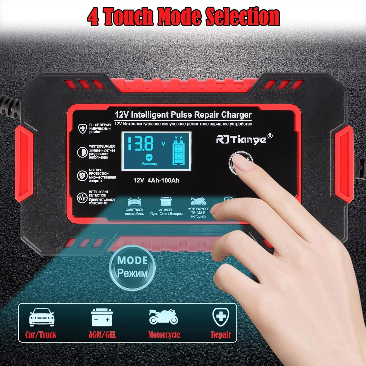 Schwarzes und rotes Autobatterieladegerät mit Digitalanzeige. Touch-Modus-Auswahlschnittstelle.