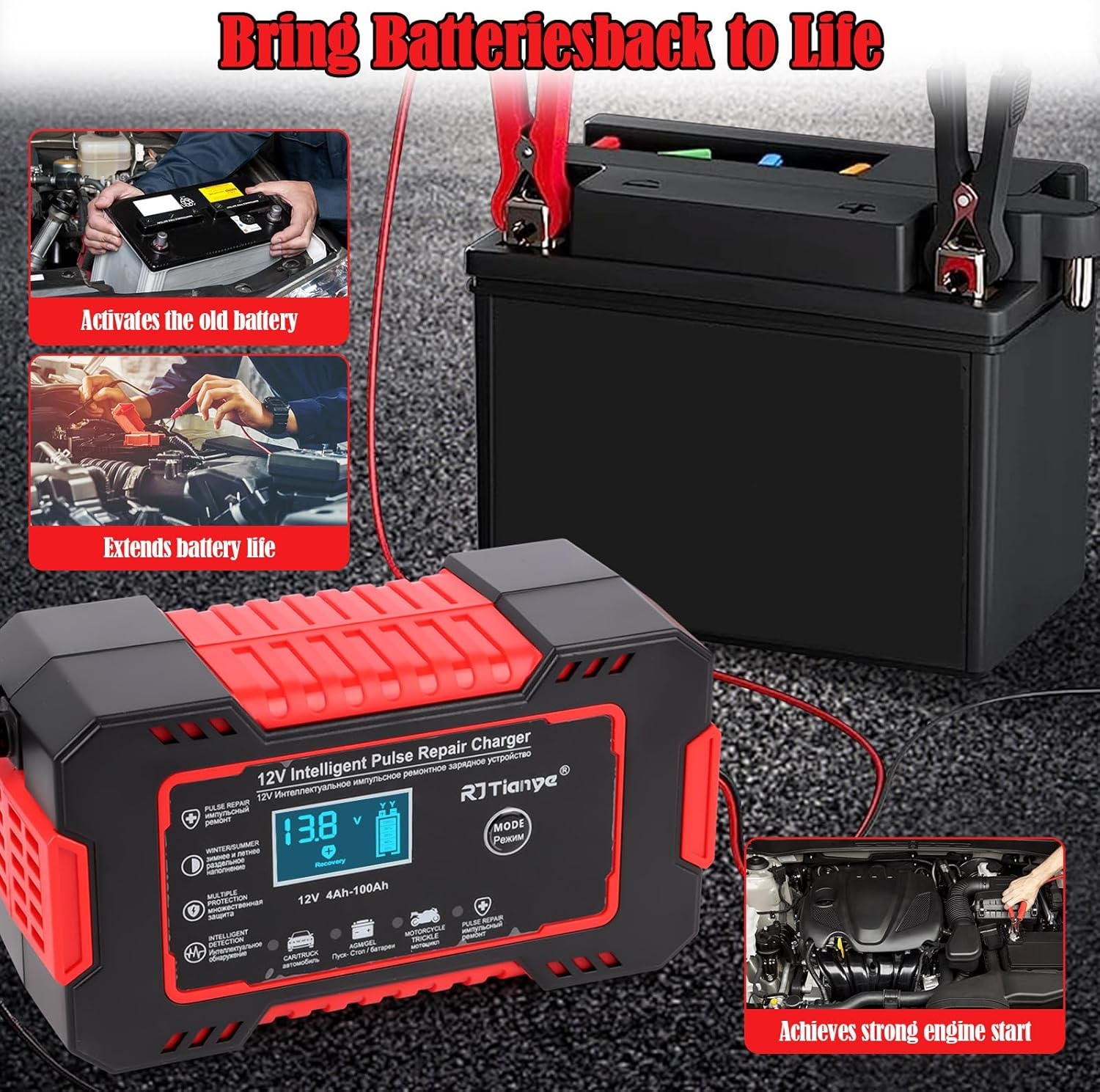 Das Ladegerät ist mit einer Autobatterie verbunden, mit Bildern zur Batterienutzung.