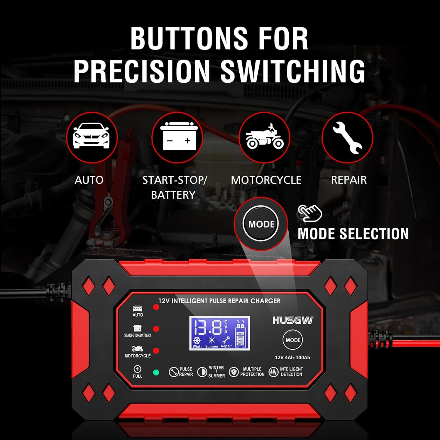 Das Ladegerät hat Tasten für Auto, Batterie, Motorrad und Reparatur.
