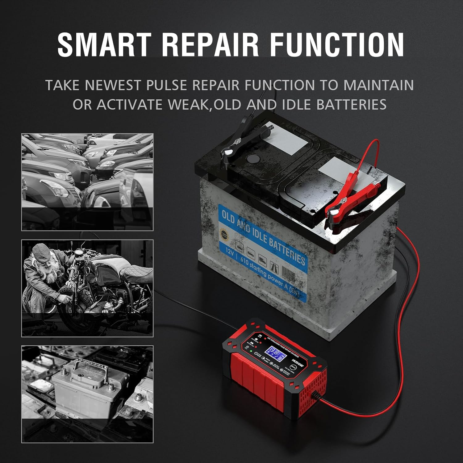 Batterieladegerät an einer Autobatterie angeschlossen. Mehrere Ansichten mit Symbolen und Text.