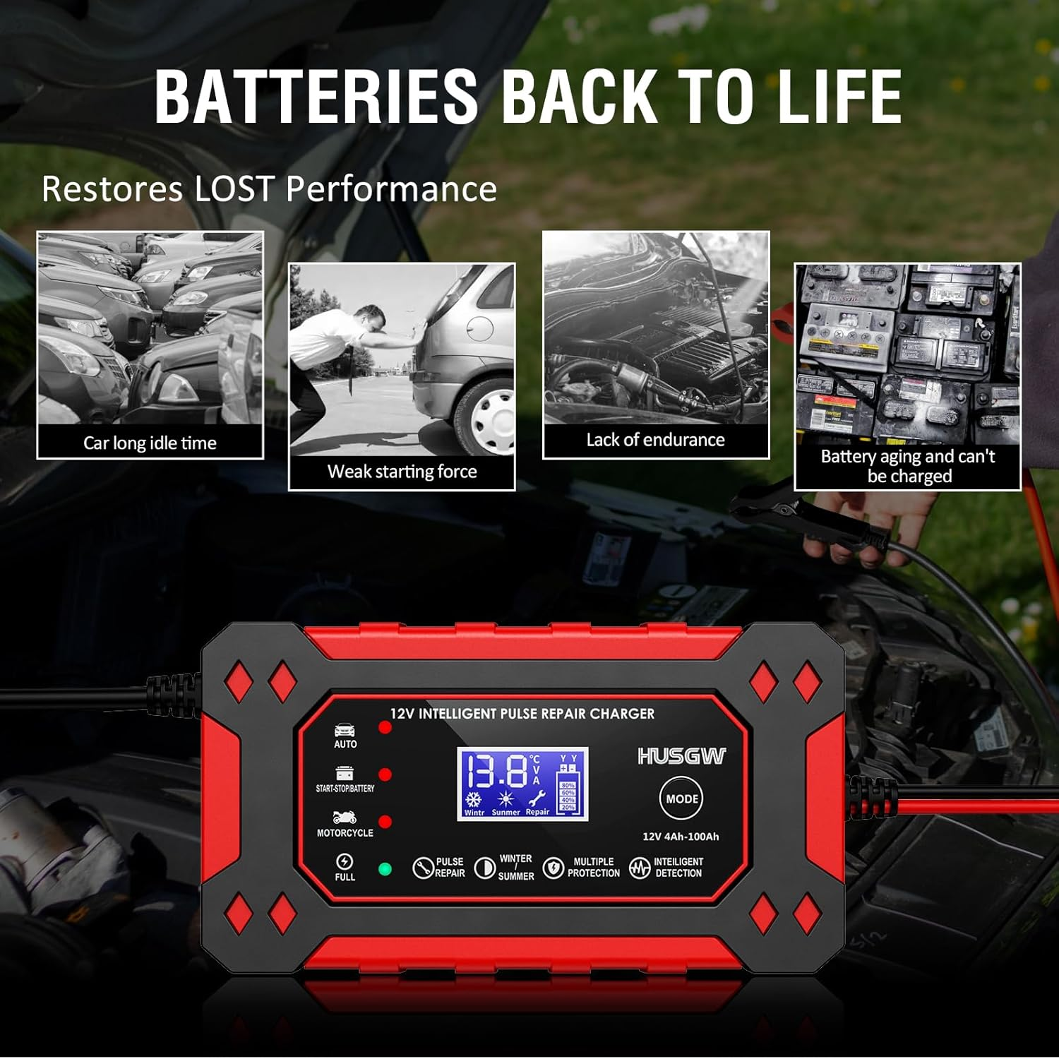 Das Ladegerät ist schwarz und rot, mit Bildern, die das Wiederherstellen von Batterien zeigen.