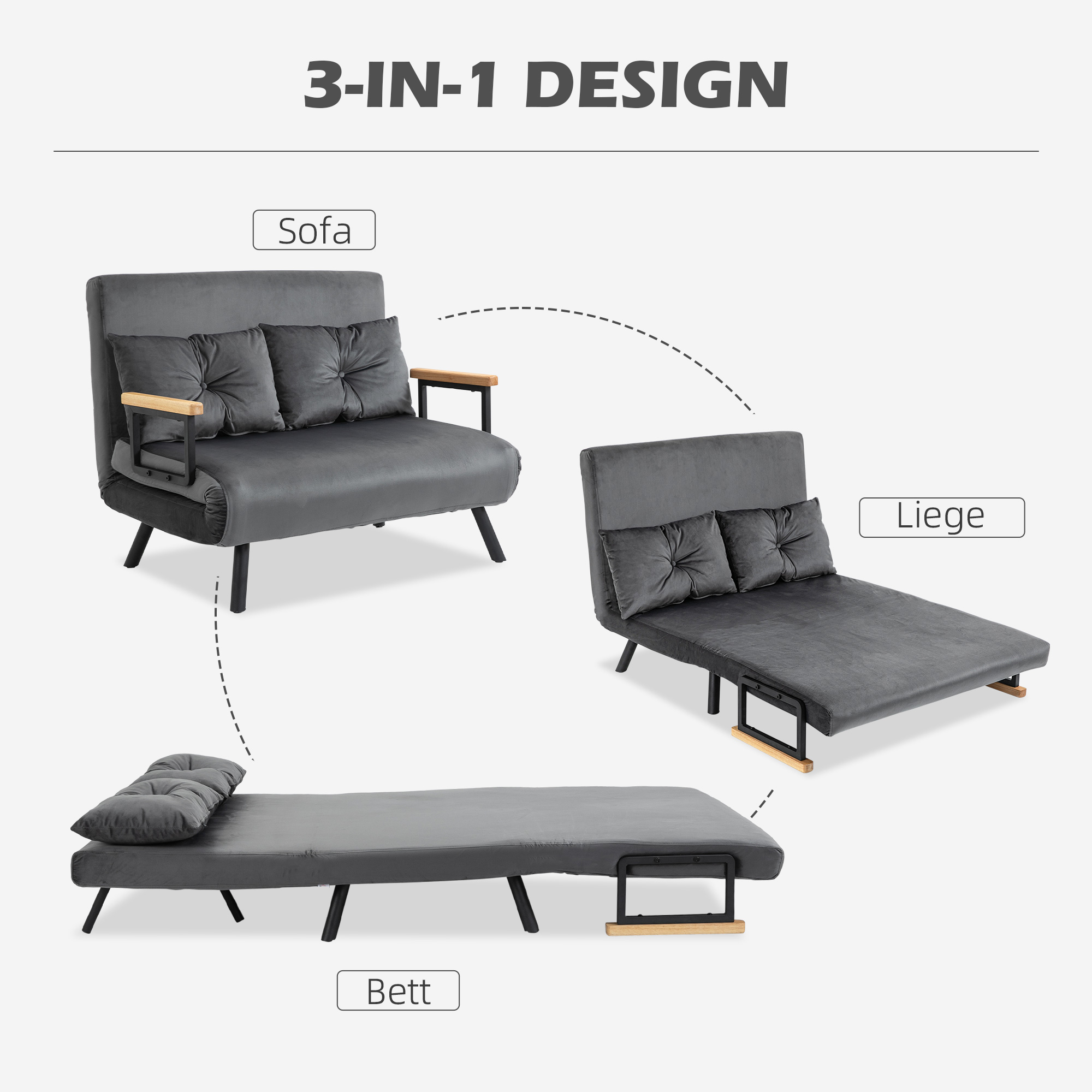 Ein 3-in-1 graues Schlafsofa verwandelt sich in ein Sofa, eine Chaiselongue und ein Bett.