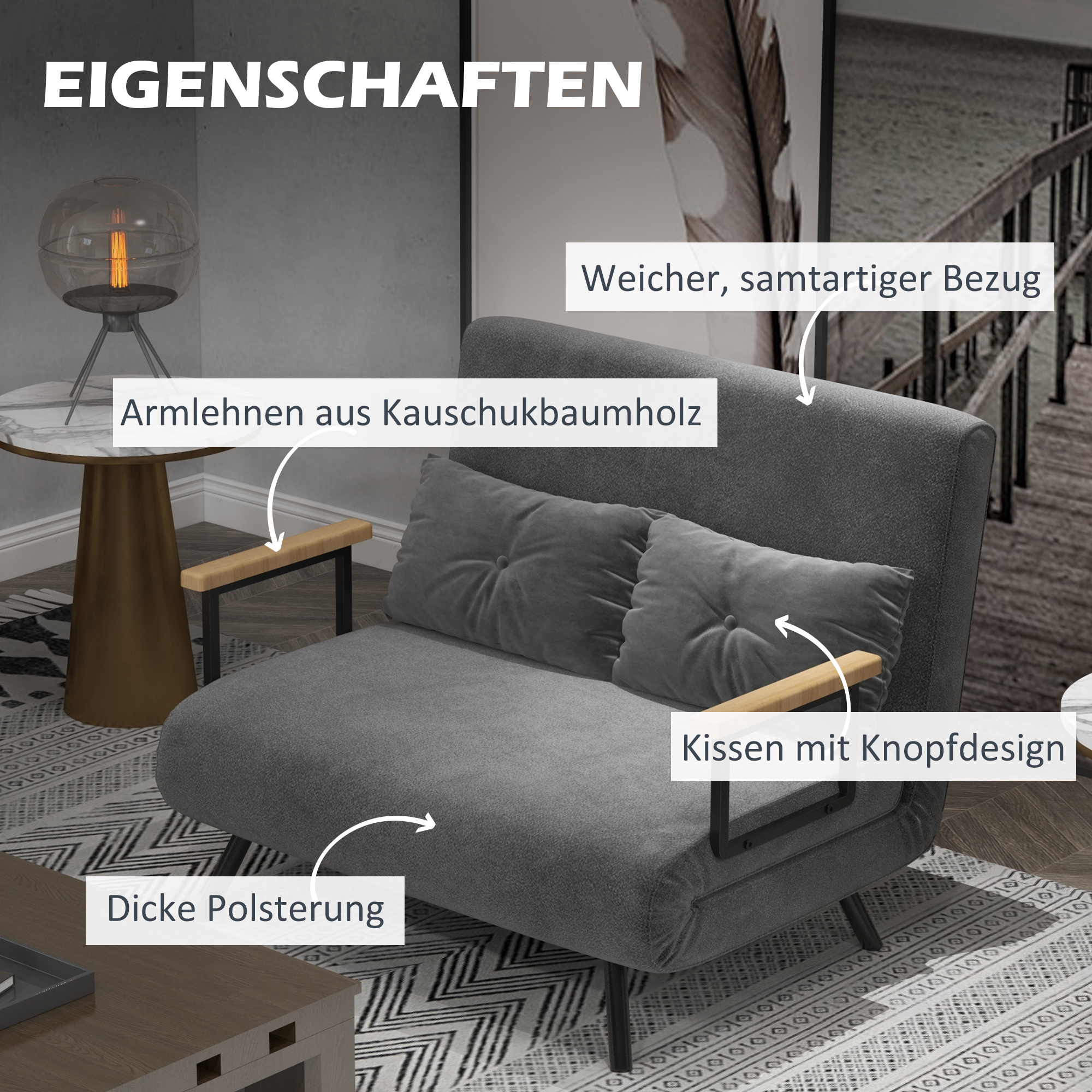 Ein graues Schlafsofa mit Holzarmlehnen und Kissen, in einer häuslichen Umgebung.