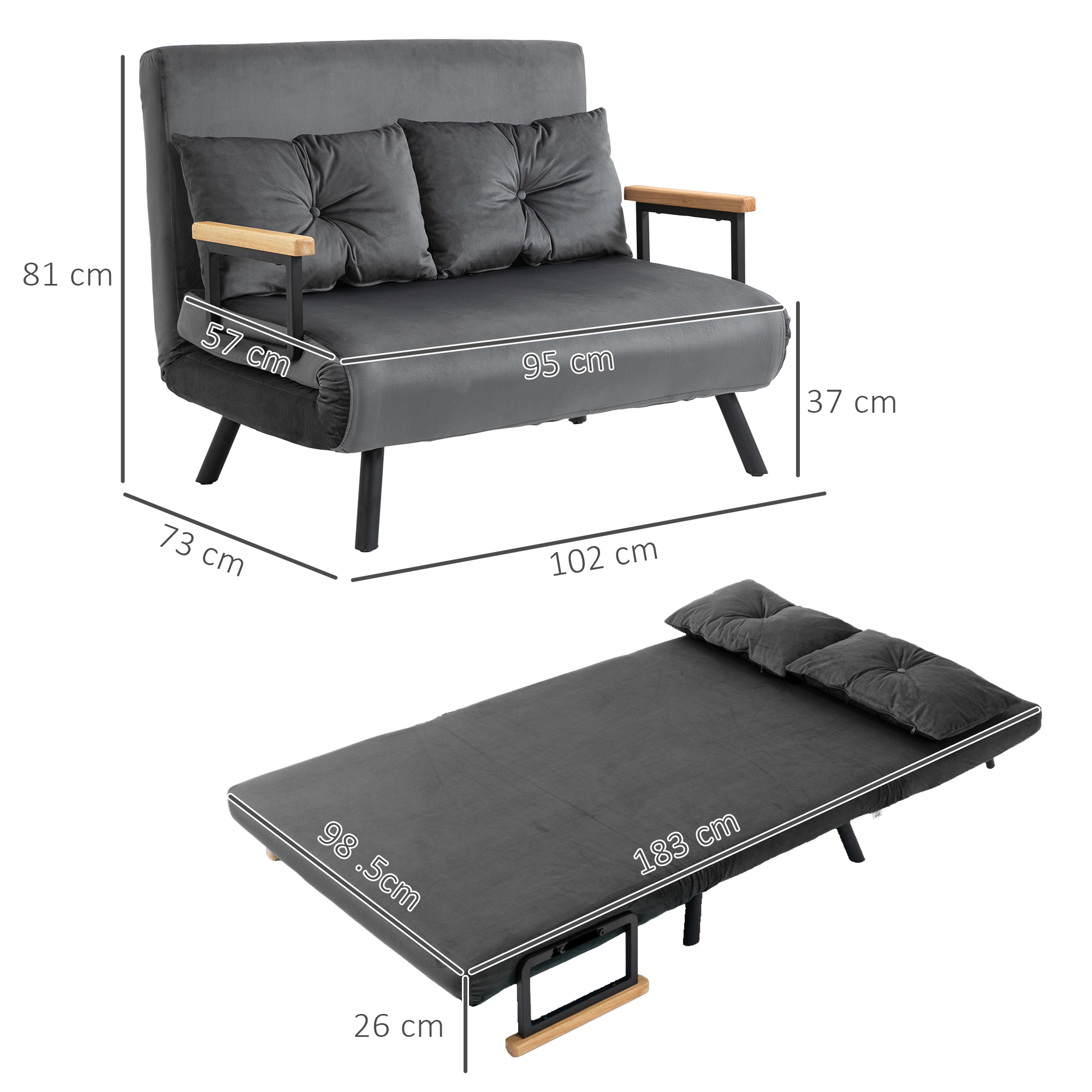 Ein graues Schlafsofa in Sofa- und Bettform mit Abmessungen in Zentimetern.
