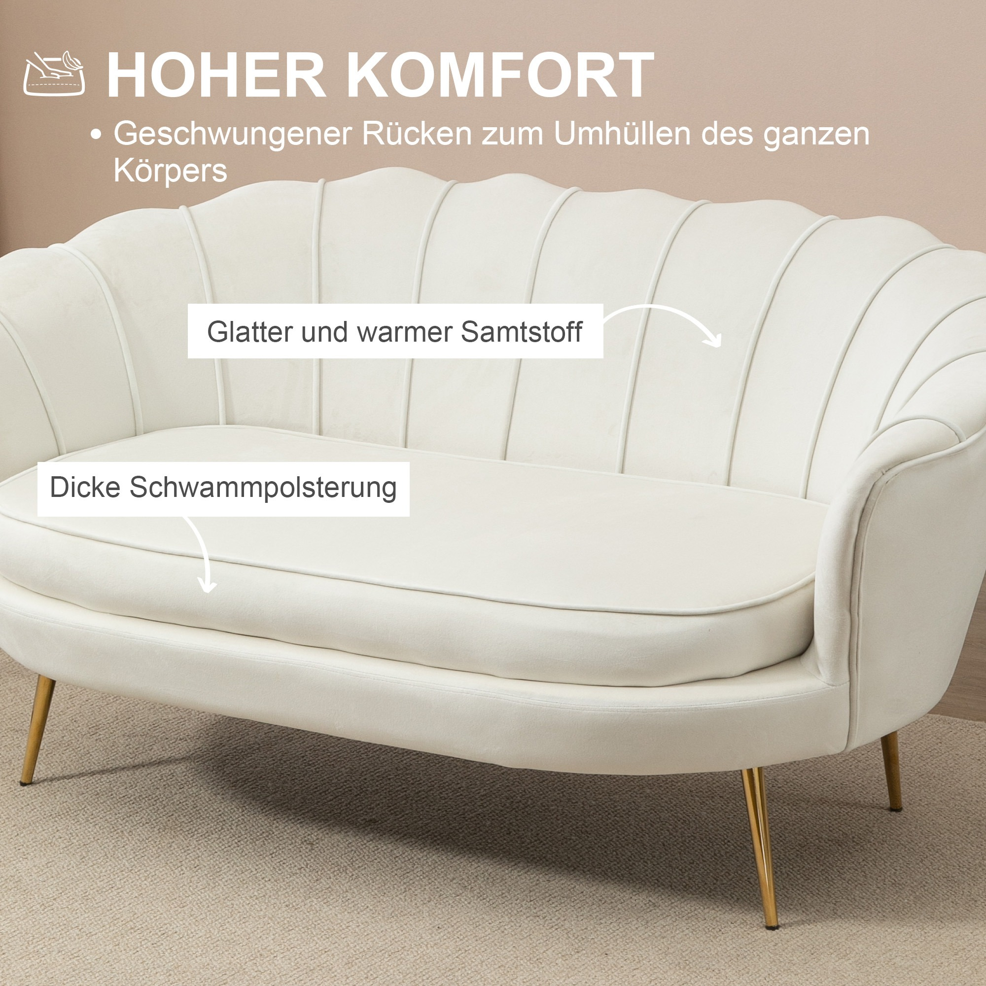 Eine weiße Couch mit Textüberlagerungen. Der Text lautet "Hoher Komfort" und beschreibt die Eigenschaften der Couch.