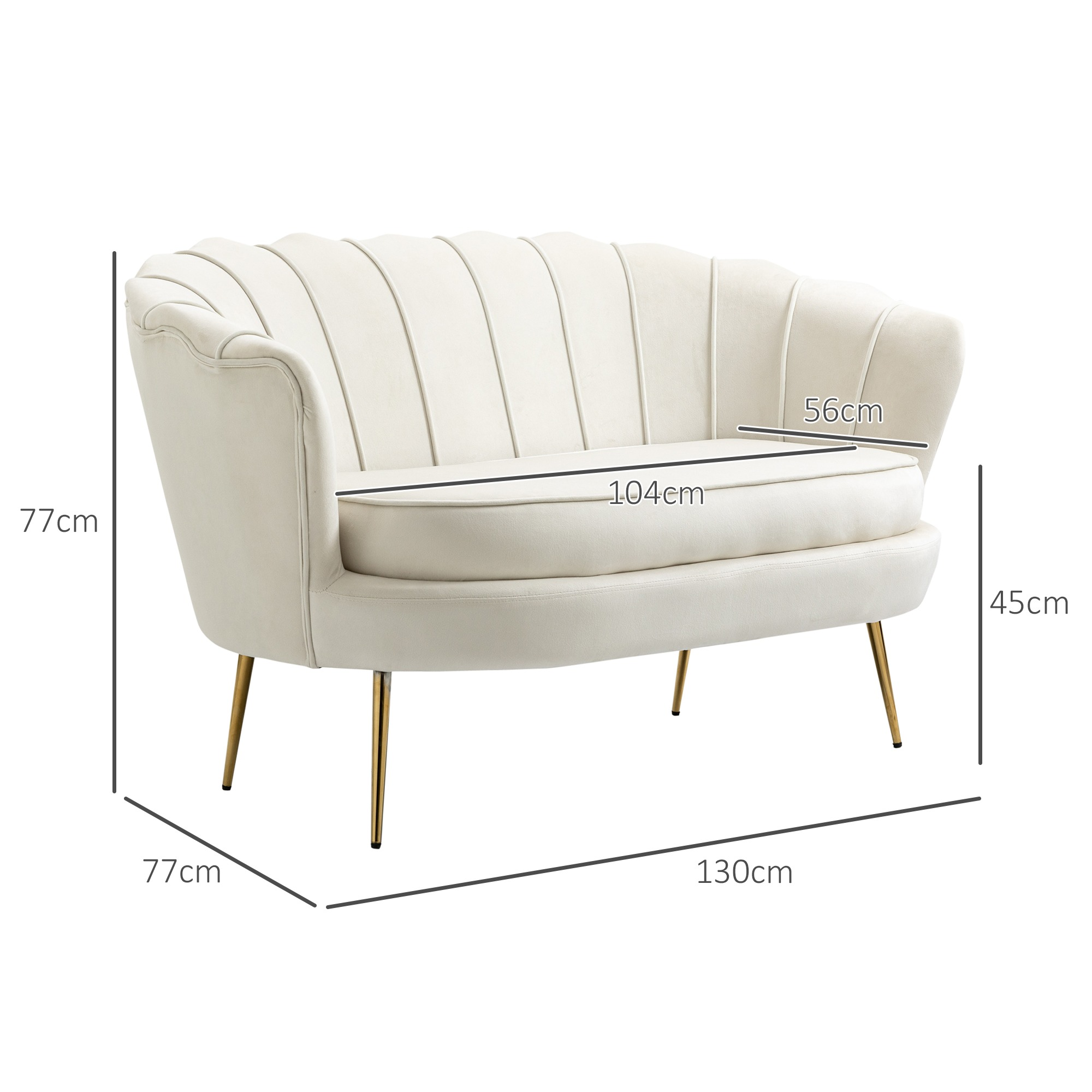 Cremefarbenes Loveseat mit Maßangaben: 77cm hoch, 130cm lang, 104cm Sitz, 45cm hoch, 56cm tief.
