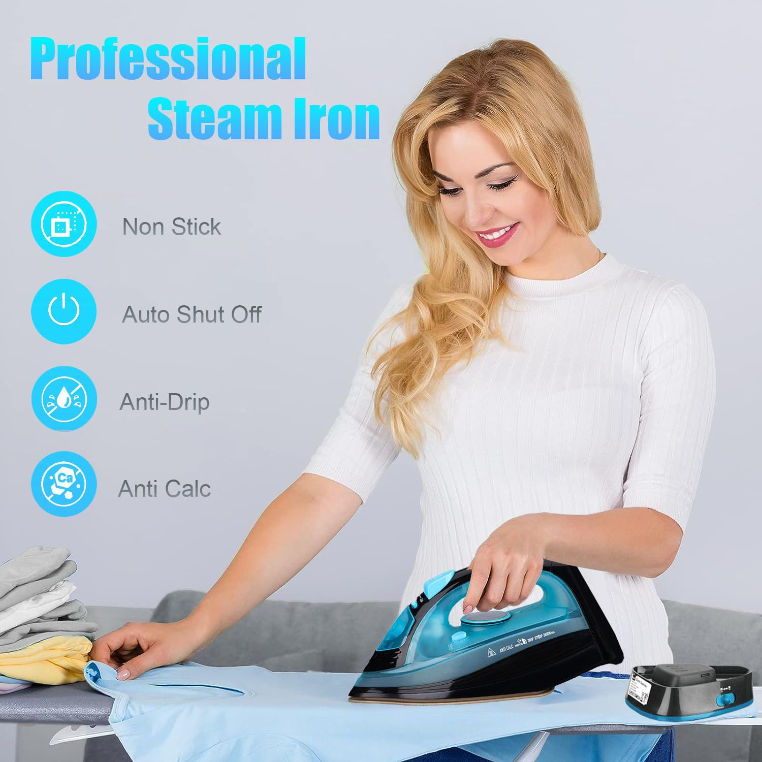 Eine Frau bügelt ein blaues Hemd mit einem blau-schwarzen Bügeleisen. Der Text lautet "Professional Steam Iron".