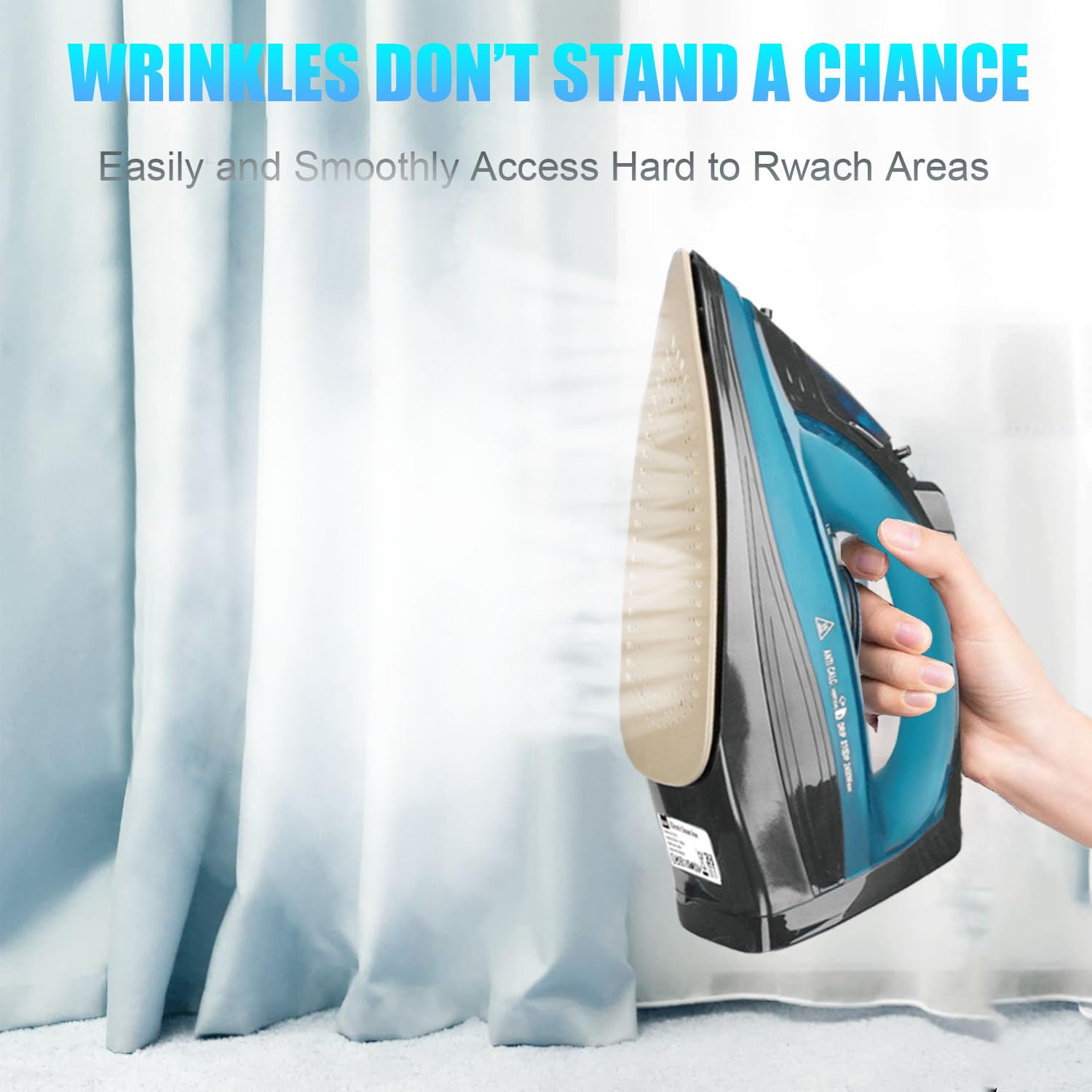 Eine Hand hält ein blau-schwarzes Bügeleisen. Der Text lautet "Wrinkles Don't Stand A Chance" und "Easily and Smoothly Access...".