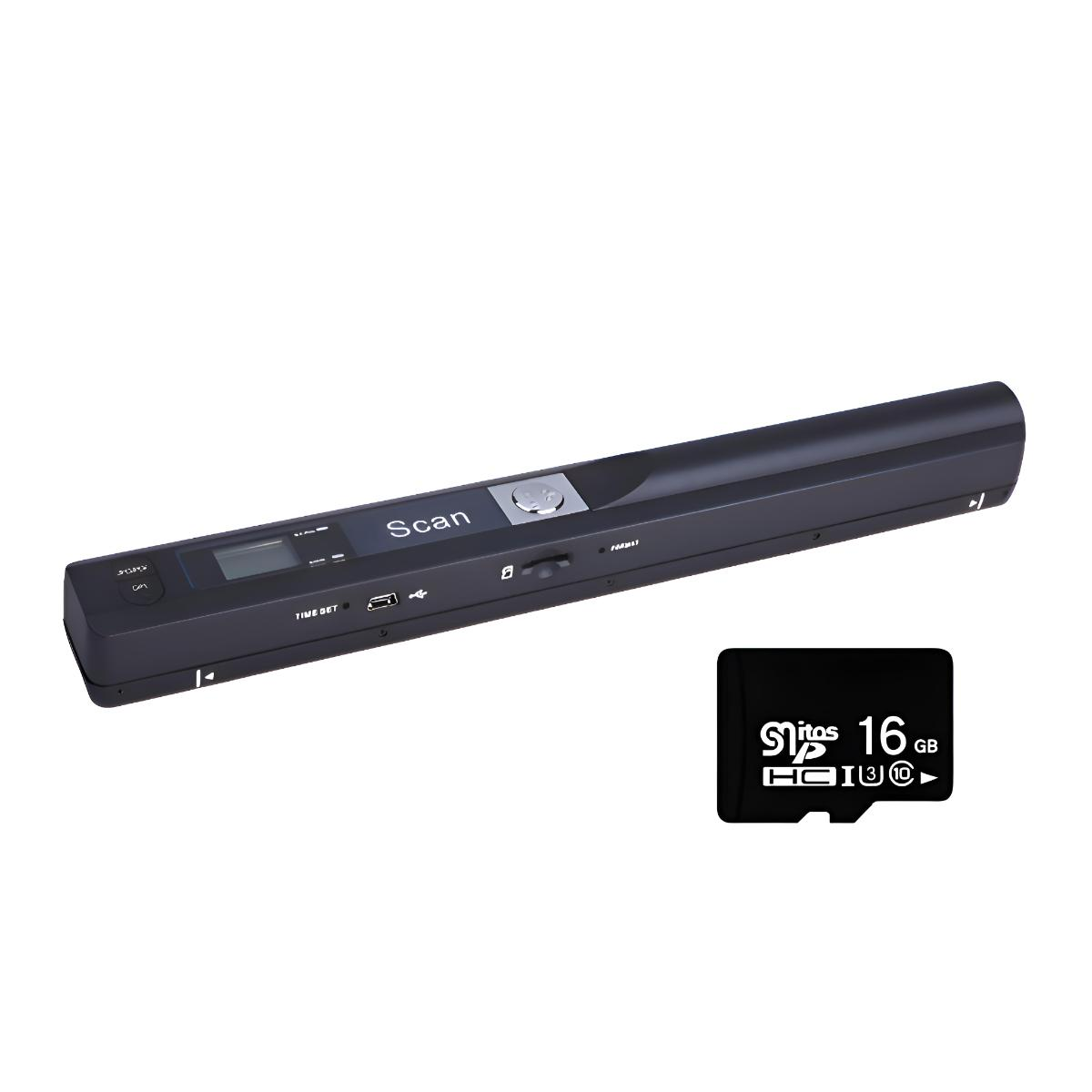Schwarzer Handscanner und eine 16 GB SD-Karte. Der Scanner hat einen Bildschirm und Tasten.