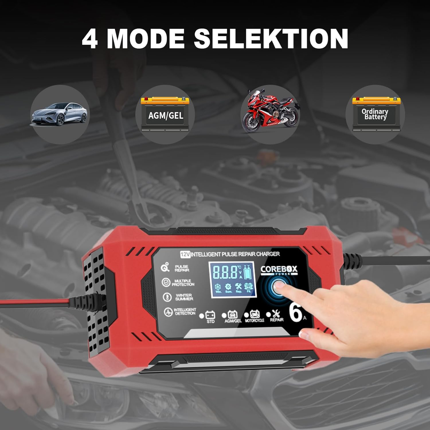 Ein rotes Batterieladegerät mit verschiedenen Lademodi. Das Display zeigt Einstellungen, Tasten zur Modusauswahl und Fahrzeugbilder.