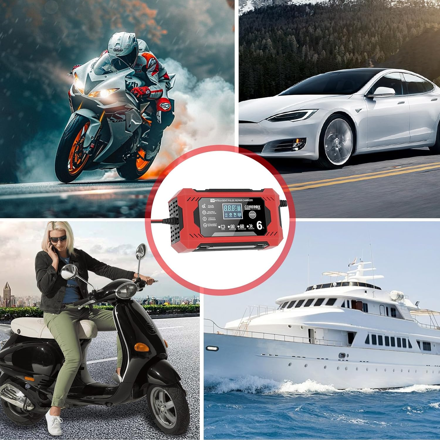 Ein rotes Ladegerät in einer Collage mit Motorrad, Auto, Roller und Yacht.