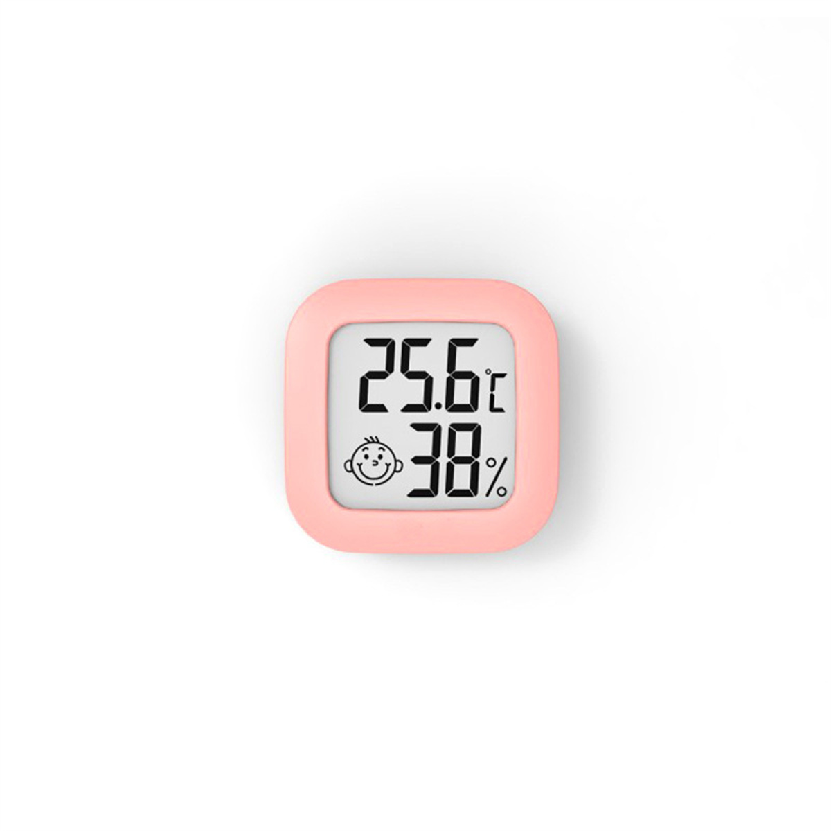 Ein rosa quadratisches digitales Thermometer mit Babygesichts-Symbol und weißem Hintergrund.