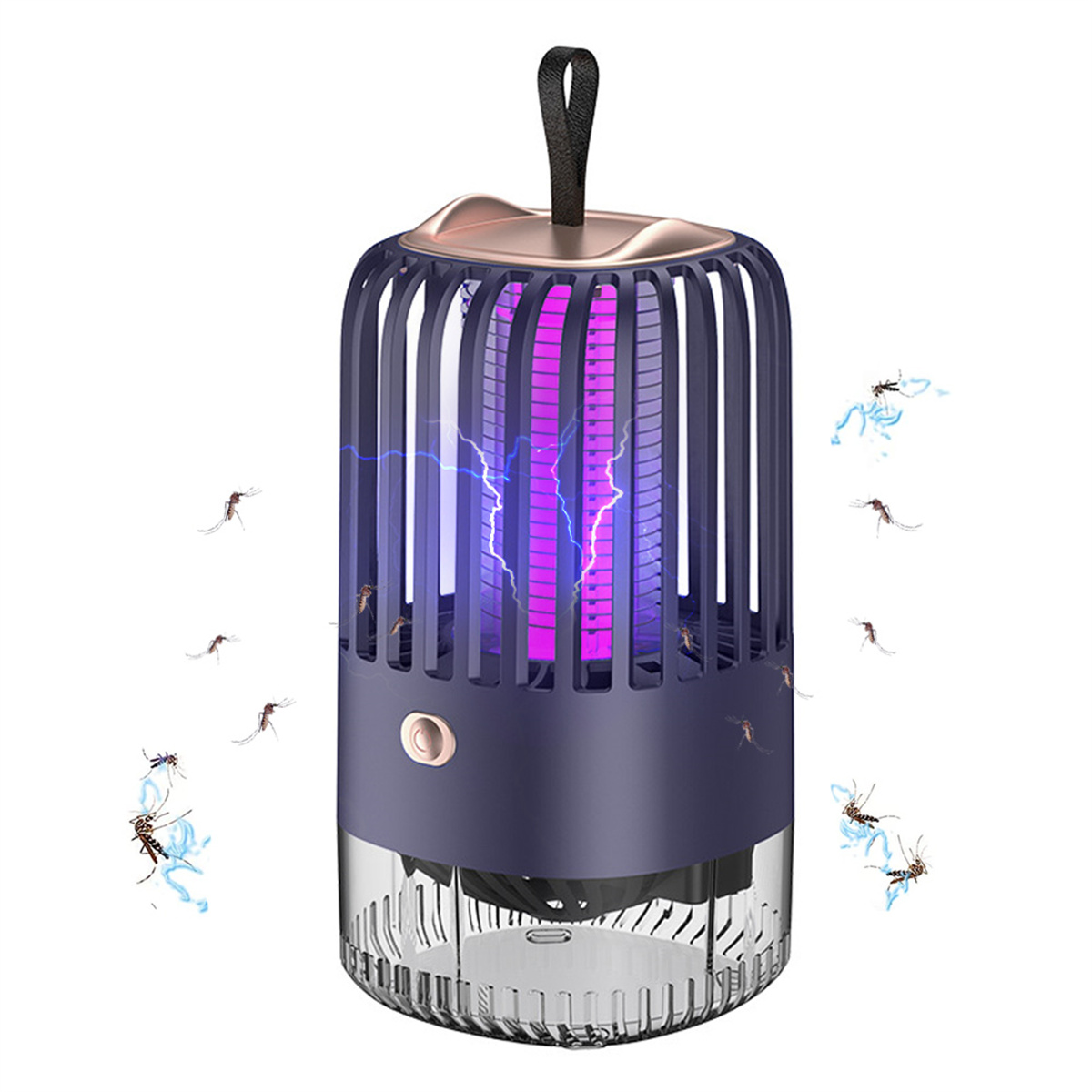 Ein violetter Mückenvernichter mit Licht und herumfliegenden Mücken.