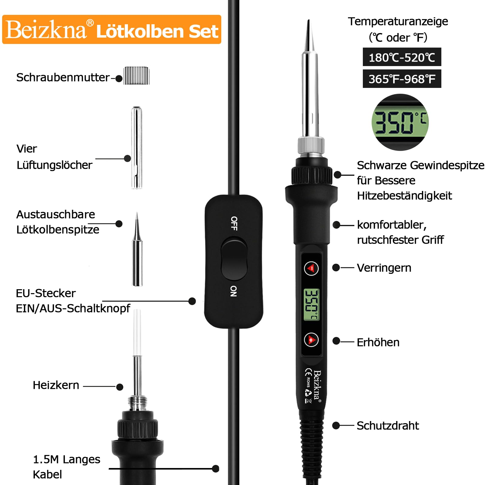 Ein Lötkolben-Set mit Digitalanzeige und verschiedenen Komponenten, weißer Hintergrund.