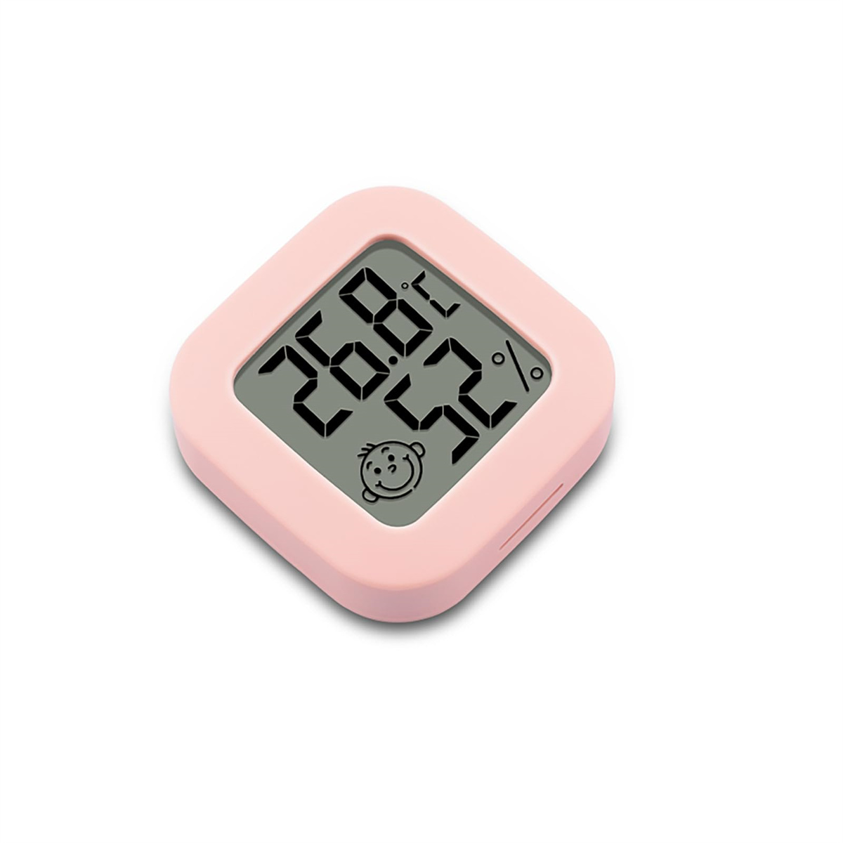 Ein rosa digitales Thermometer mit Babygesichts-Symbol, das Temperatur und Luftfeuchtigkeit anzeigt.