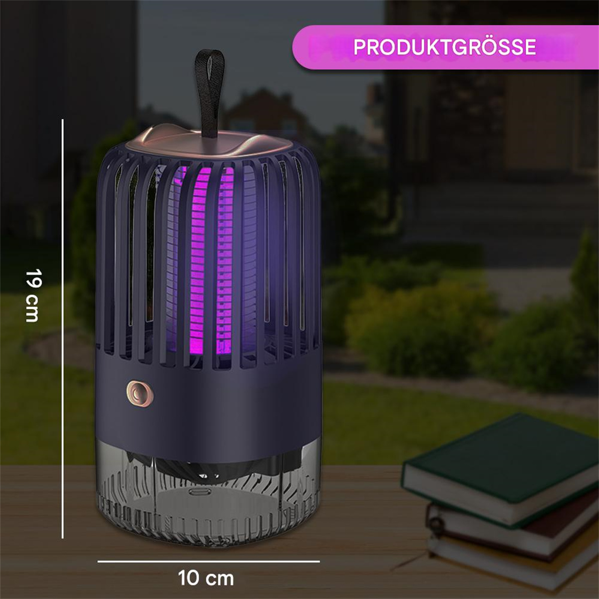 Eine Mückenvernichterlampe mit violettem Licht, mit Abmessungen. Ein Stapel Bücher in der Nähe.
