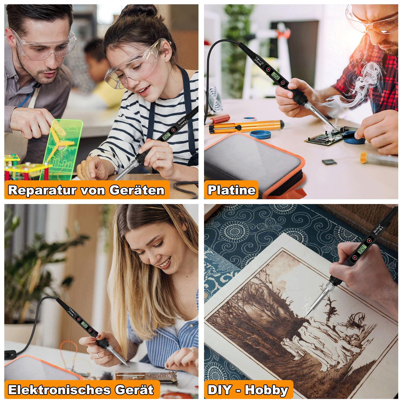 Vier Bilder, die Menschen bei der Verwendung von Lötkolben für verschiedene Aufgaben zeigen: Reparatur, Elektronik und DIY.