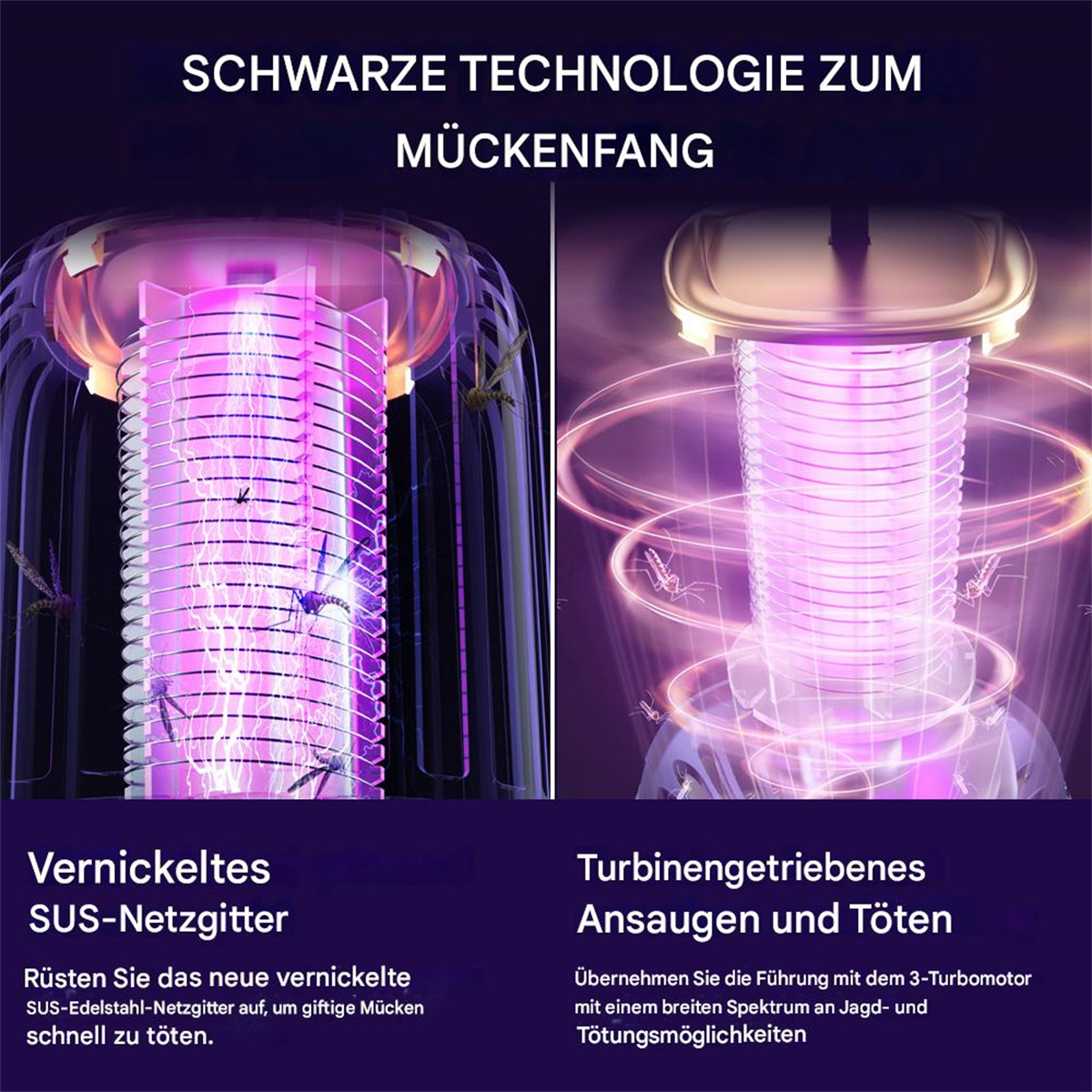 Nahaufnahme einer Mückenvernichterlampe, die das violette Licht und die Insekten darin zeigt.