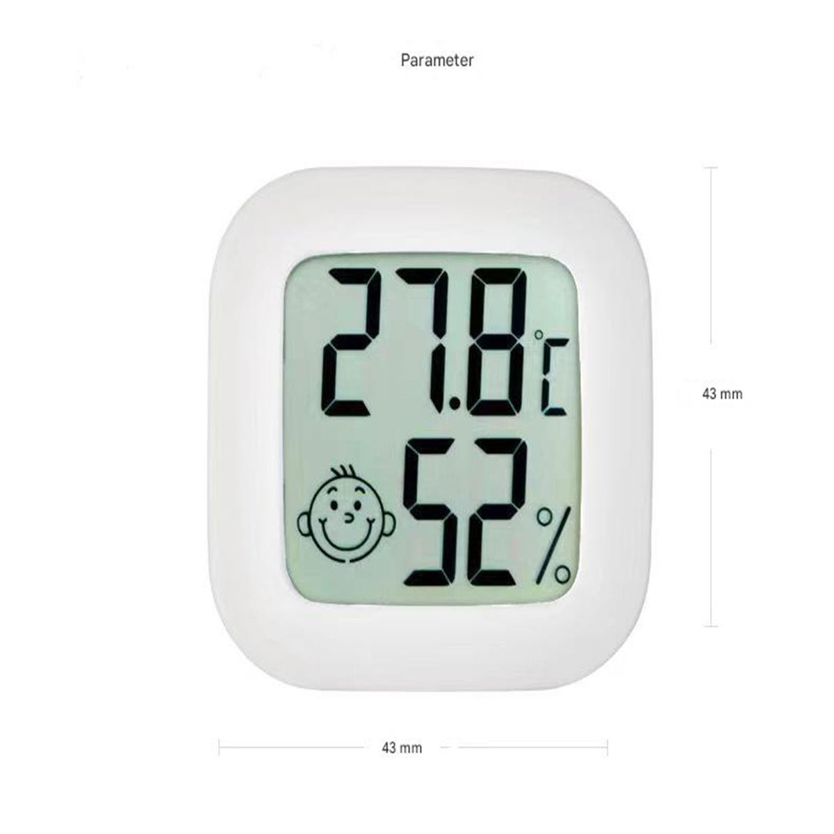 Ein digitales Thermometer mit Babygesichts-Symbol, das Temperatur und Luftfeuchtigkeit anzeigt.