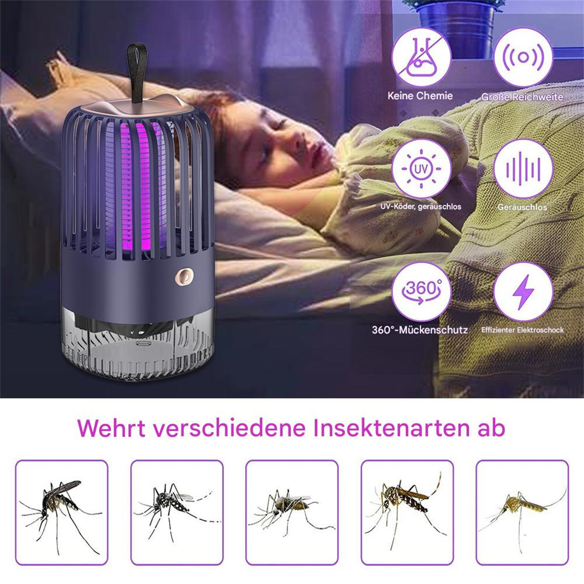 Moskitofalle. Kleines Kind schläft. Symbole zeigen Merkmale: keine Chemikalien, UV-Licht, leise, effizienter Schock.