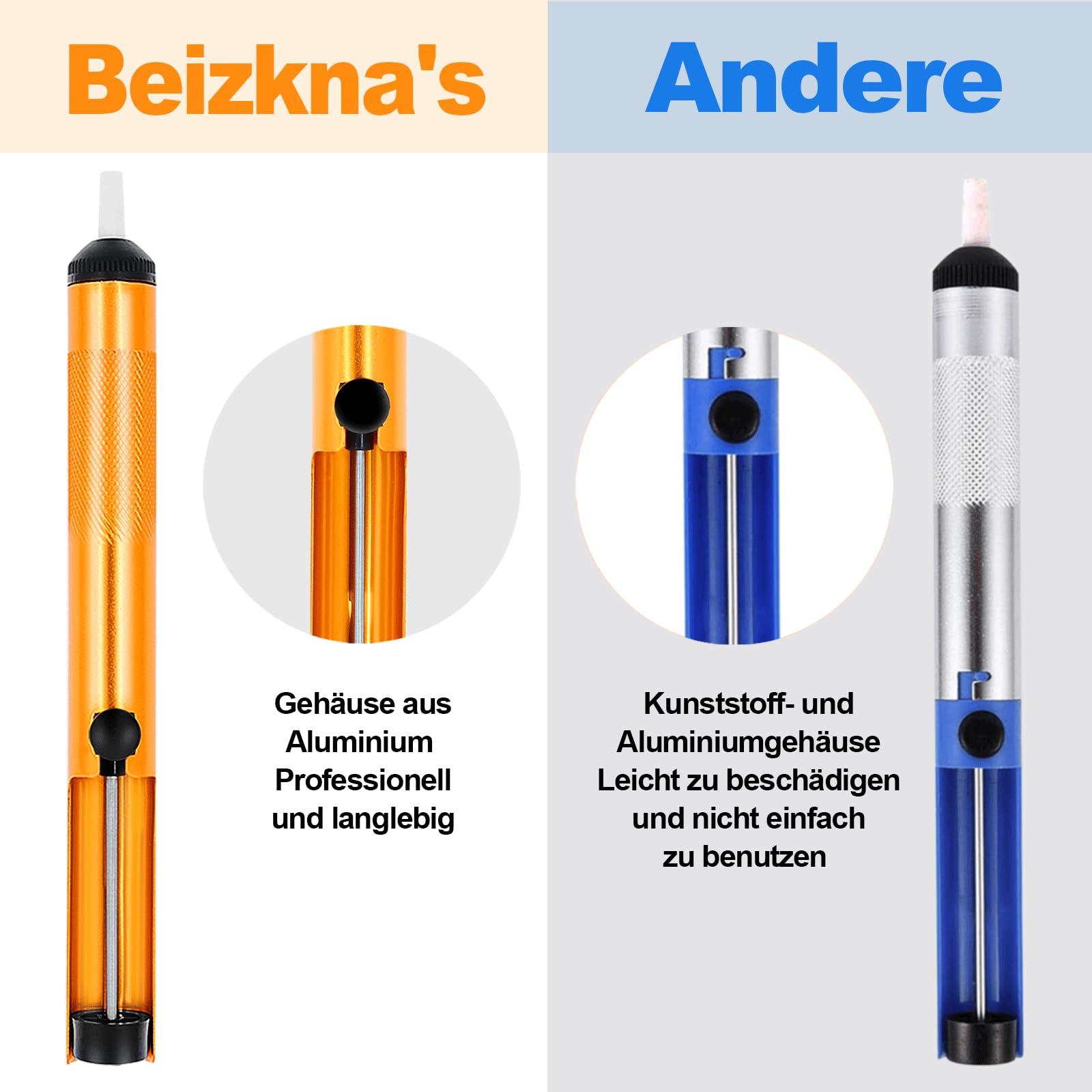 Vergleich von zwei Lötkolben. Einer ist orange, der andere blau. Text erklärt Bau und Benutzerfreundlichkeit.