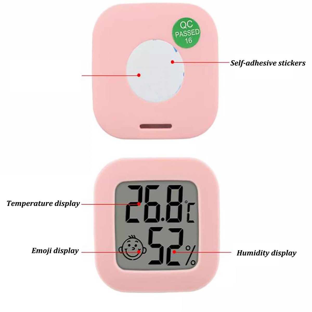 Rosa quadratisches Gerät mit Digitalanzeige, die Temperatur und Luftfeuchtigkeit anzeigt. Emoji-Anzeige. Selbstklebende Aufkleber.