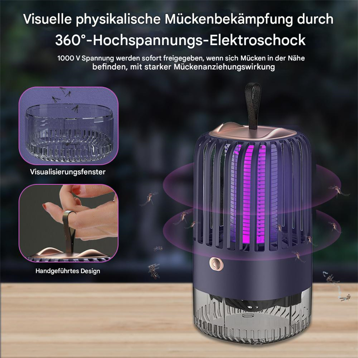 Mückenvernichter-Gerät. Lila Licht und ein handgehaltenes Design. Zeigt Mücken und ein Sichtfenster.