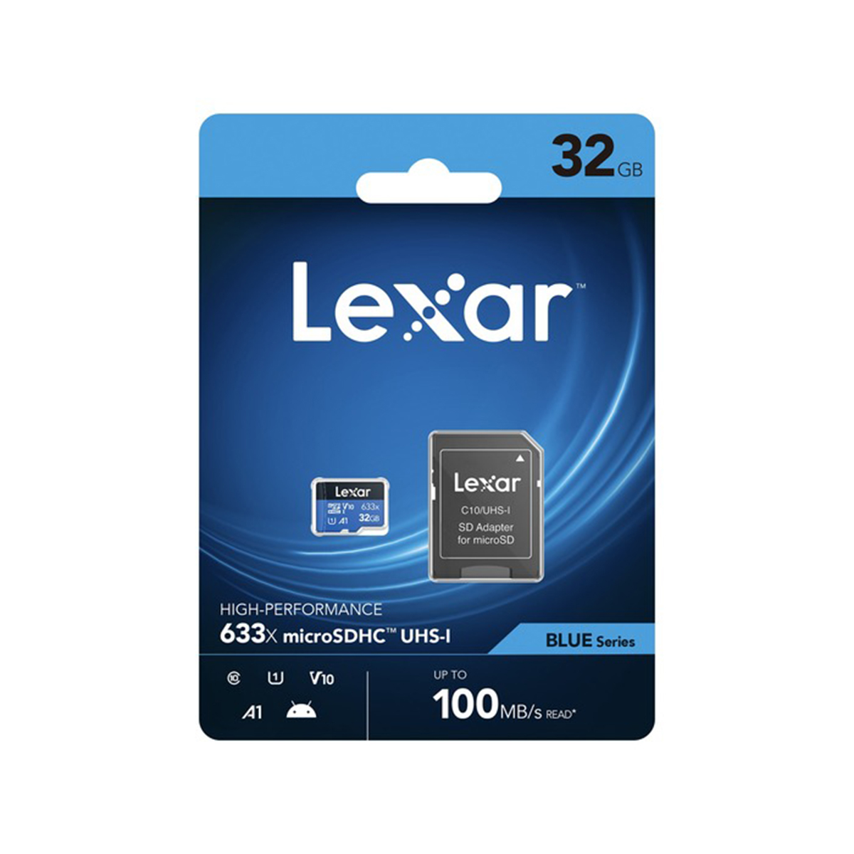 Lexar microSD kart ambalajı. İçinde kart bulunan mavi ambalaj. Ön tarafta metin ve logolar.