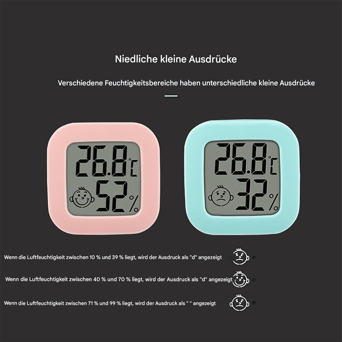 Zwei Autothermometer. Rosa und blau. Zeigen Temperatur und Luftfeuchtigkeit, mit verschiedenen Emoticons.
