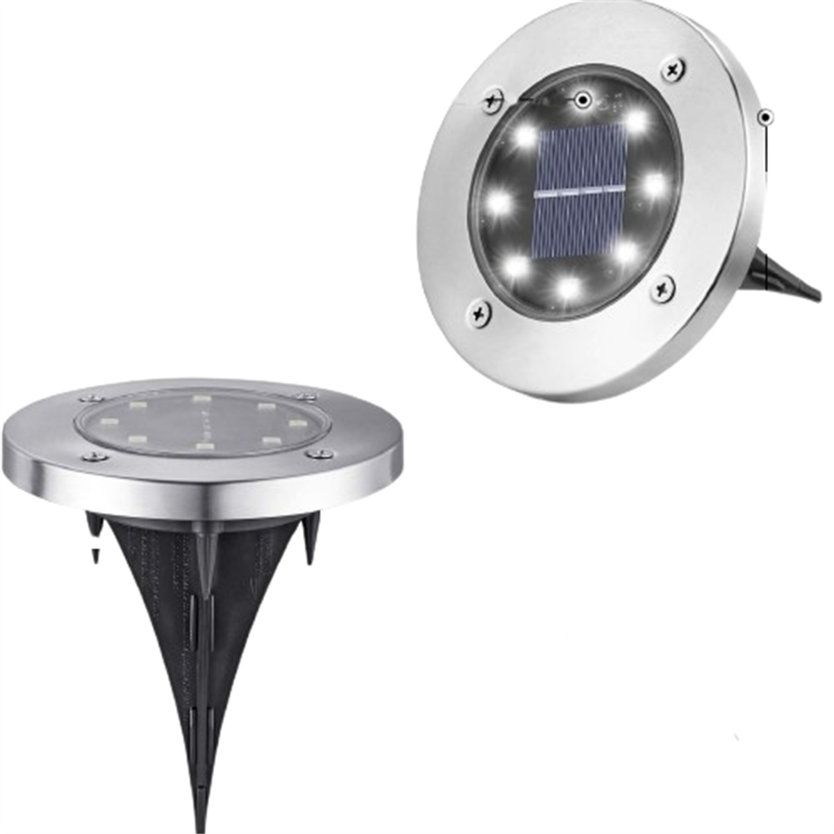 Zwei Solar-Gartenleuchten. Eine steht aufrecht, die andere liegt auf dem Boden. Silber mit schwarzen Stacheln.