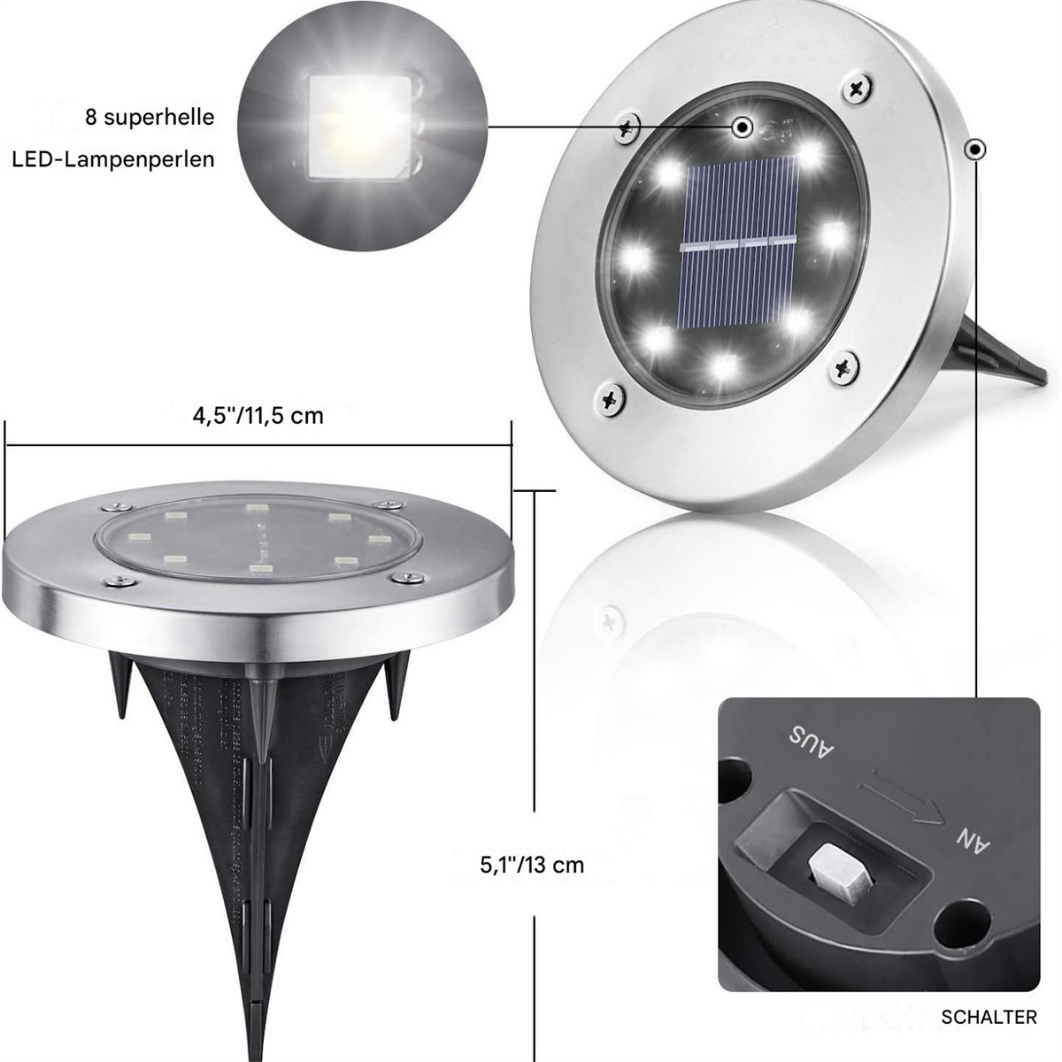 Solarbetriebenes Bodenlicht. Silber, rundes Design mit mehreren LEDs und einem Schalter. Nahaufnahme.
