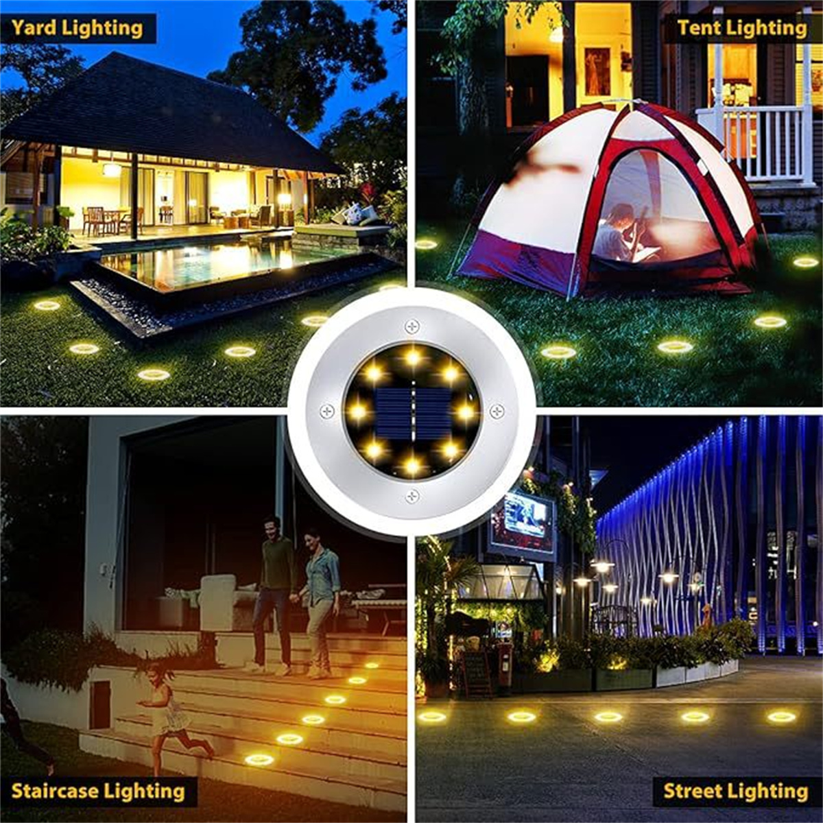 Mehrere Außenbeleuchtungsszenen. Garten, Zelt, Treppe und Straßenbeleuchtung mit Solarleuchten.