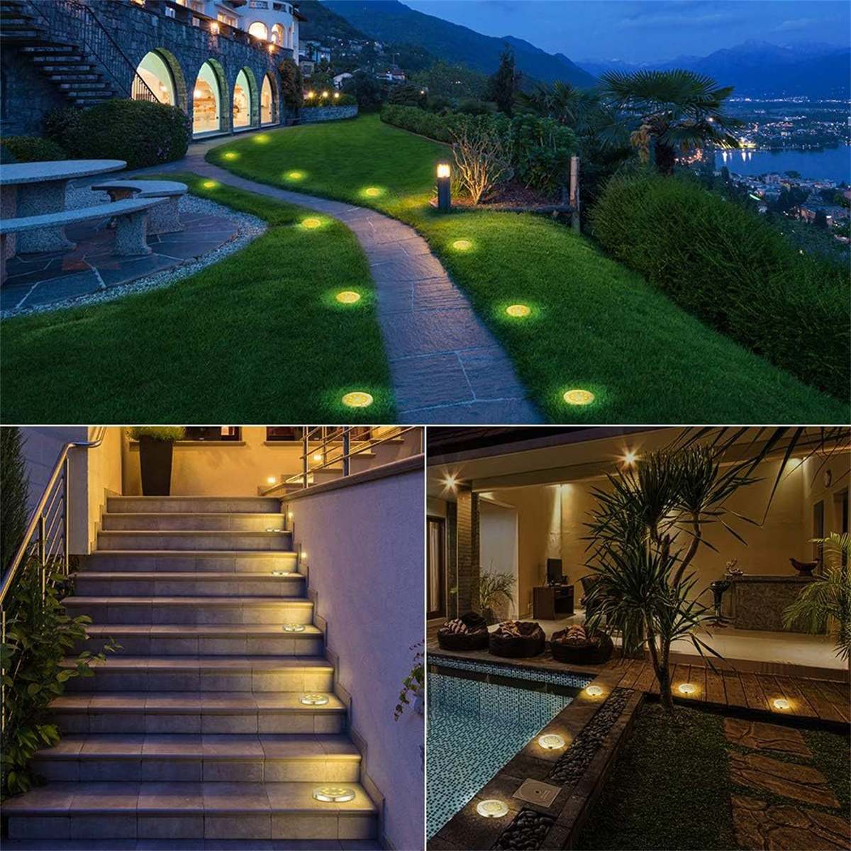 Das Bild zeigt Außenbeleuchtung. Lichter beleuchten Wege, Treppen und einen Poolbereich. Verschiedene Einstellungen mit grünem Gras und Gebäuden bei Nacht.