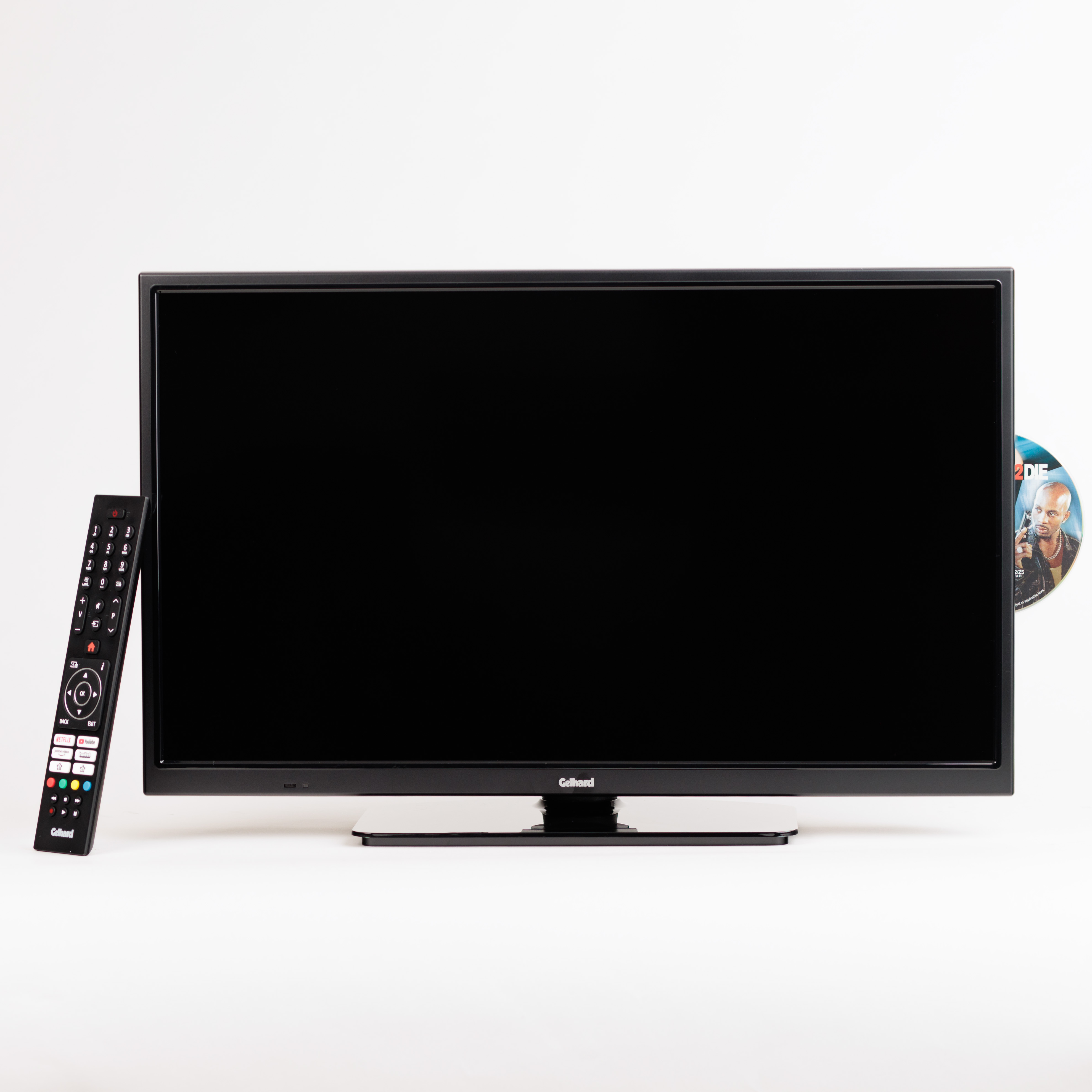 Fernseher mit Fernbedienung und DVD. Der Fernseher hat einen schwarzen Bildschirm und einen Ständer.