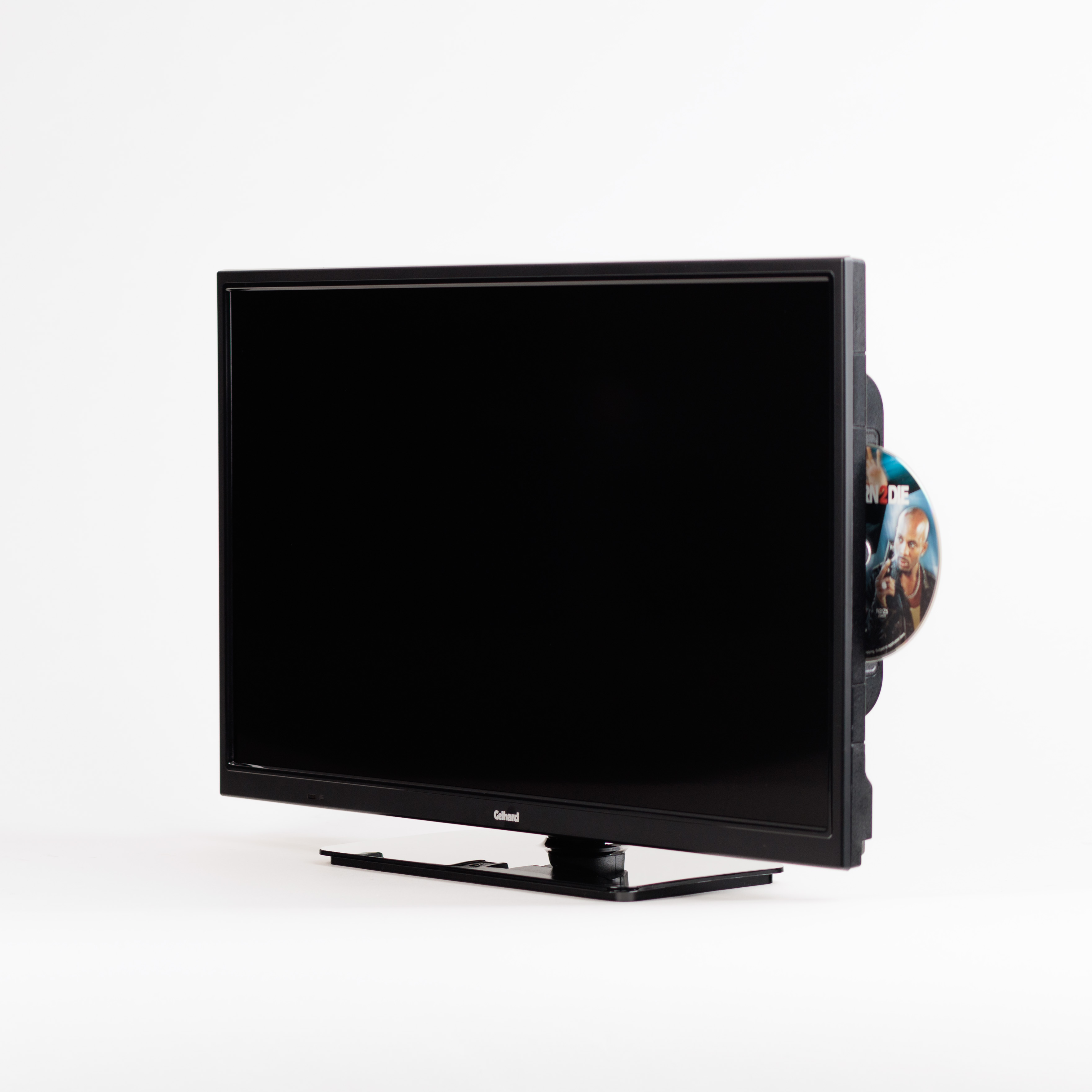 Schwarzer Flachbildfernseher mit eingelegter DVD, auf weißem Hintergrund.