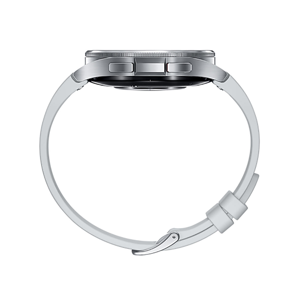 Vista laterale di uno smartwatch argentato con cinturino bianco. L'orologio ha un quadrante circolare.
