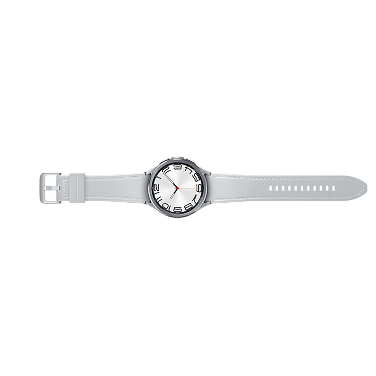 Smartwatch argentato su sfondo bianco. L'orologio ha un cinturino grigio chiaro e una lunetta argentata.