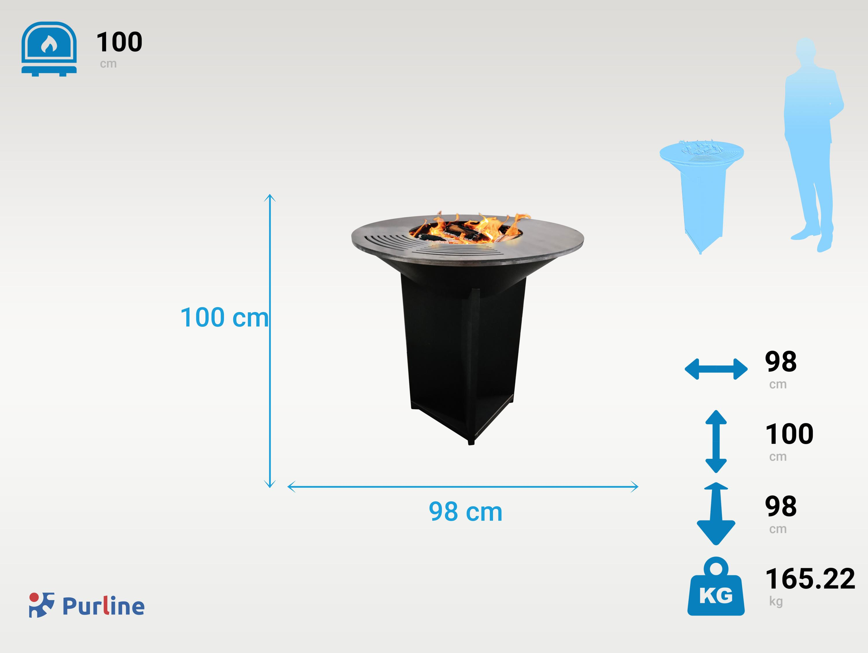 Diagrama de mesa de fogata con dimensiones: 100 cm diámetro, 98 cm ancho, 165,22 kg peso.