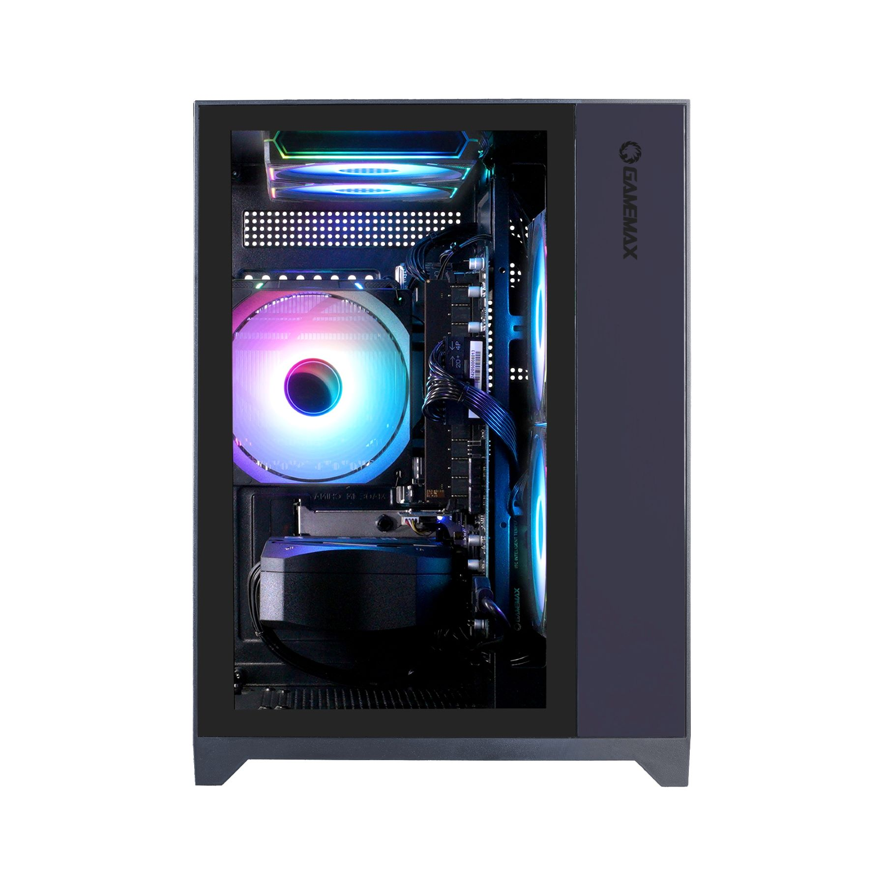 Schwarzes PC-Gehäuse mit farbenfrohen beleuchteten Lüftern und Komponenten. Details sichtbar.
